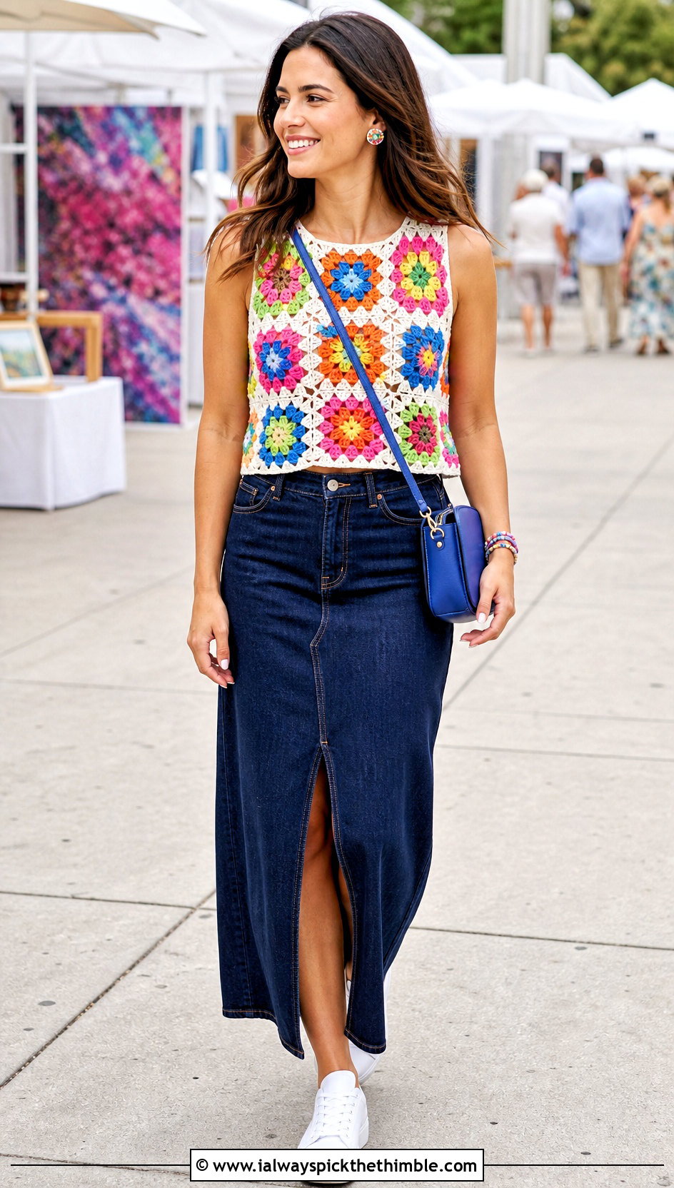 Rainbow Floral Granny Square Top With Denim Maxi Skirt - 20 rainbow crochet top outfit ideas