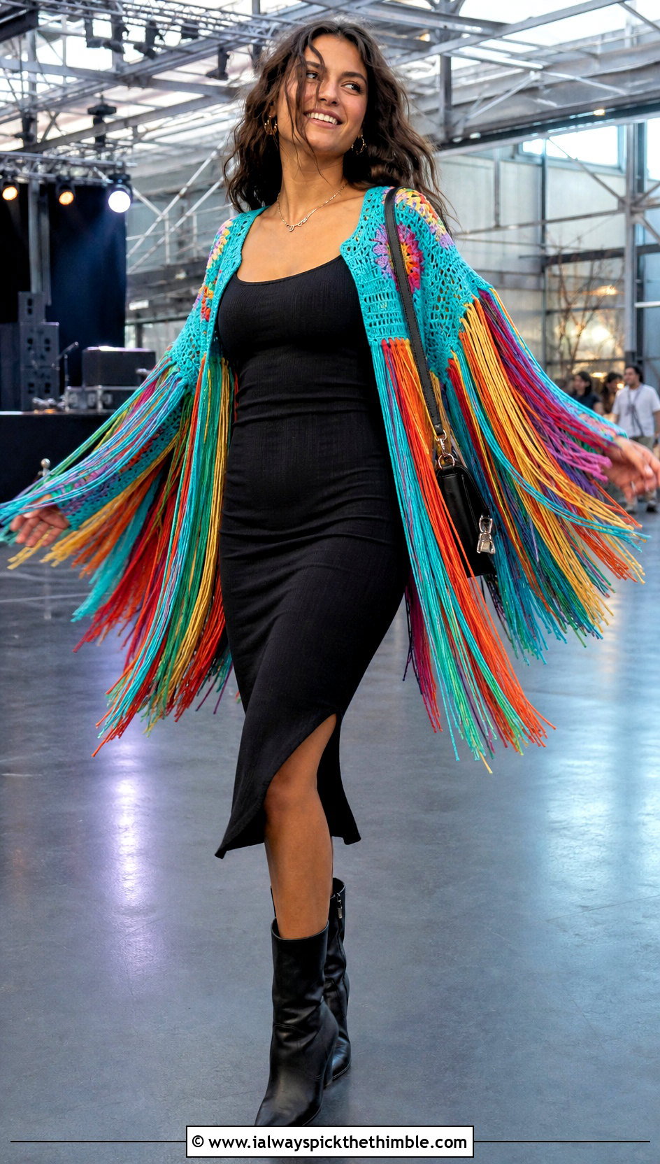 Rainbow Fringe Crochet Jacket With Black Dress - 20 weird crochet clothes and outfit ideas