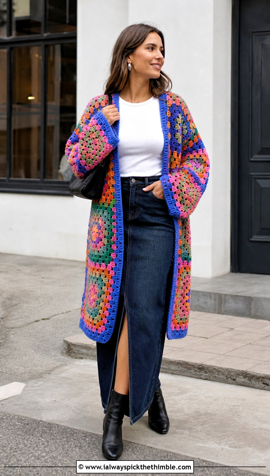 Rainbow Giant Granny Square Cardigan With Denim Maxi Skirt - 25 giant granny square cardigan outfit ideas