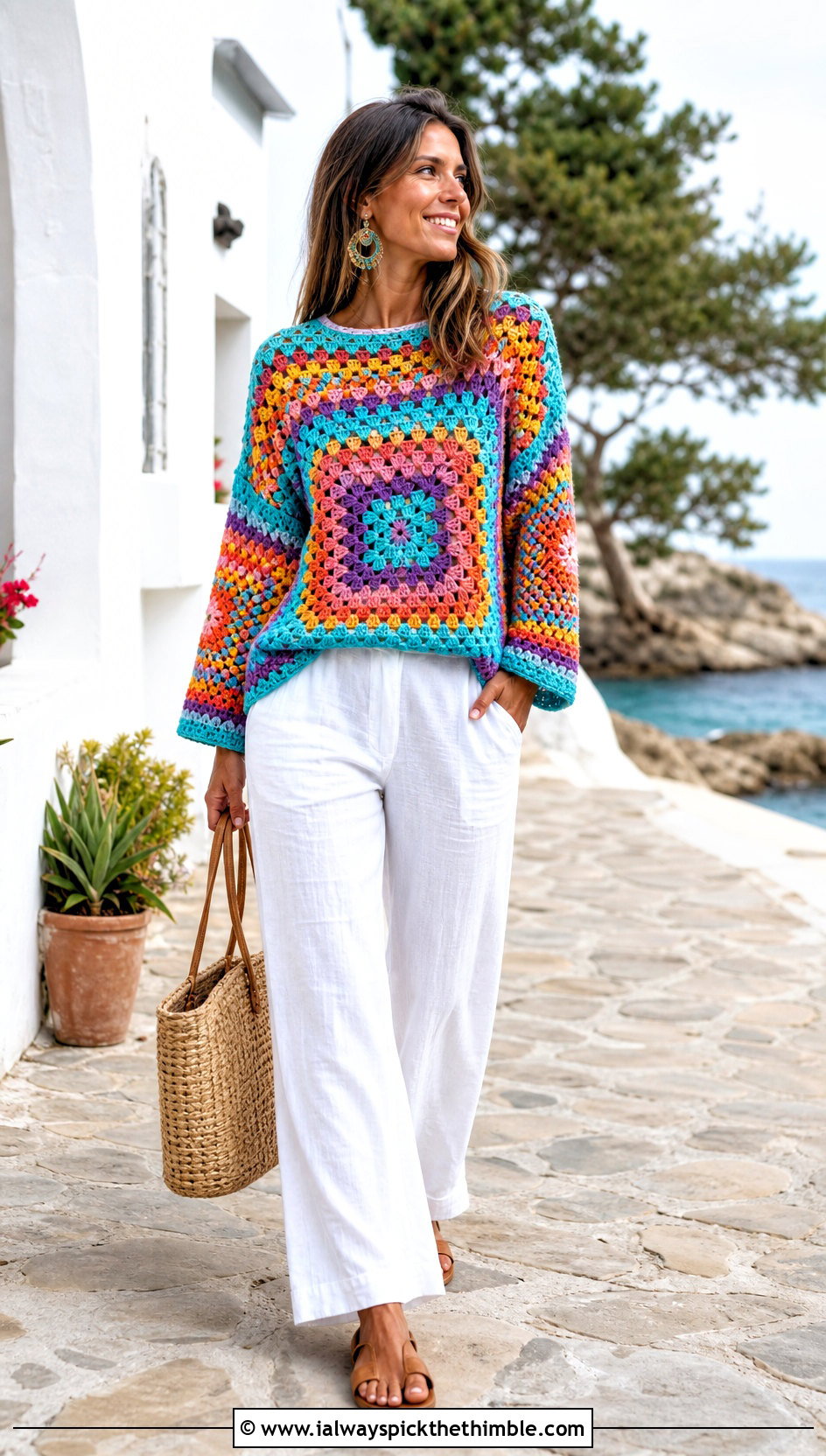Rainbow Giant Granny Square Sweater With Linen Pants - 20 giant granny square sweater outfit ideas