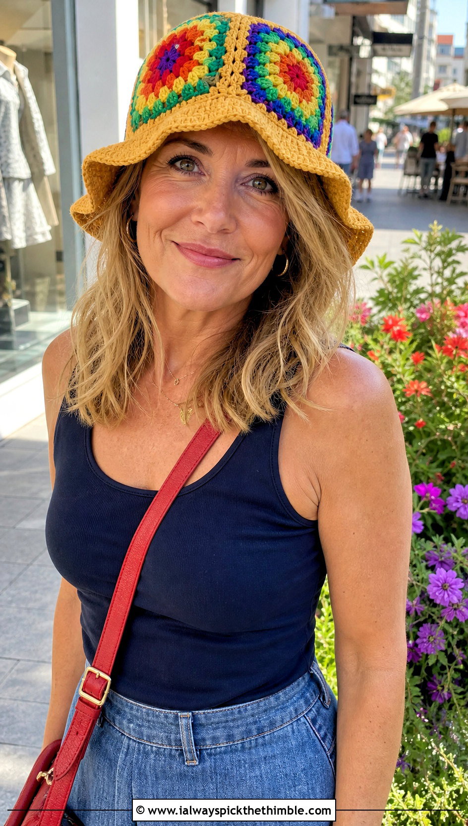 Rainbow Granny Square Bucket Hat With Denim Maxi Skirt - 25 Granny Square Bucket Hat outfit ideas