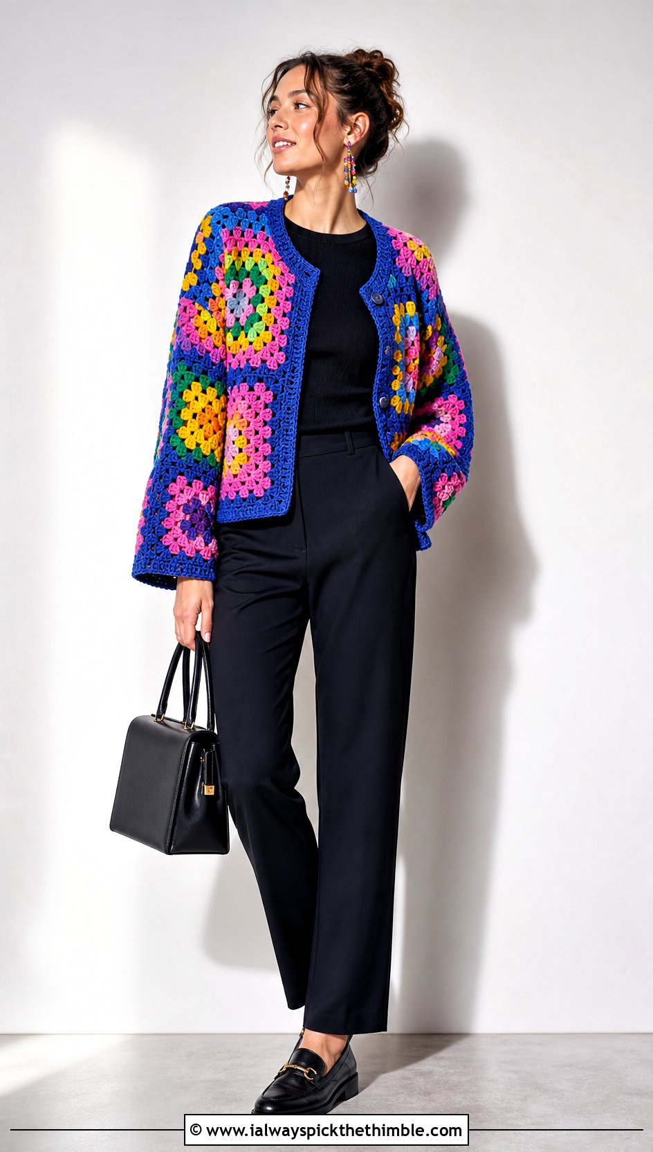 Rainbow Granny Square Crochet Cardigan With Black Basics - 25 granny square crochet cardigan outfit ideas