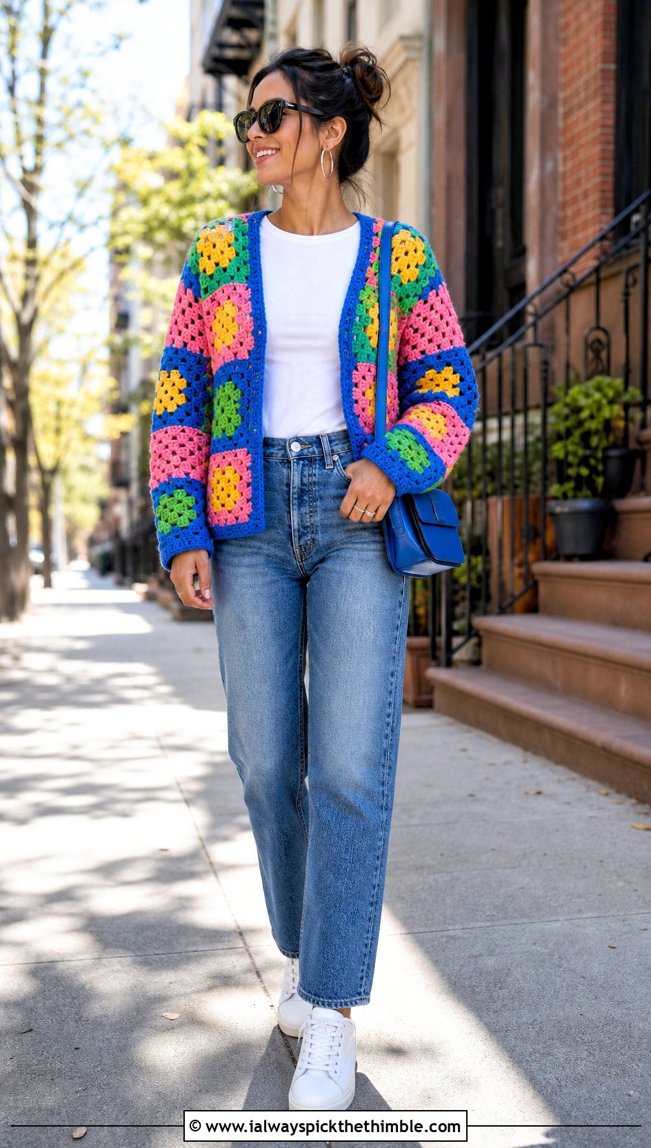 Rainbow Granny Square Crochet Cardigan With Straight Leg Jeans - 20 Rainbow Crochet Cardigan outfit ideas