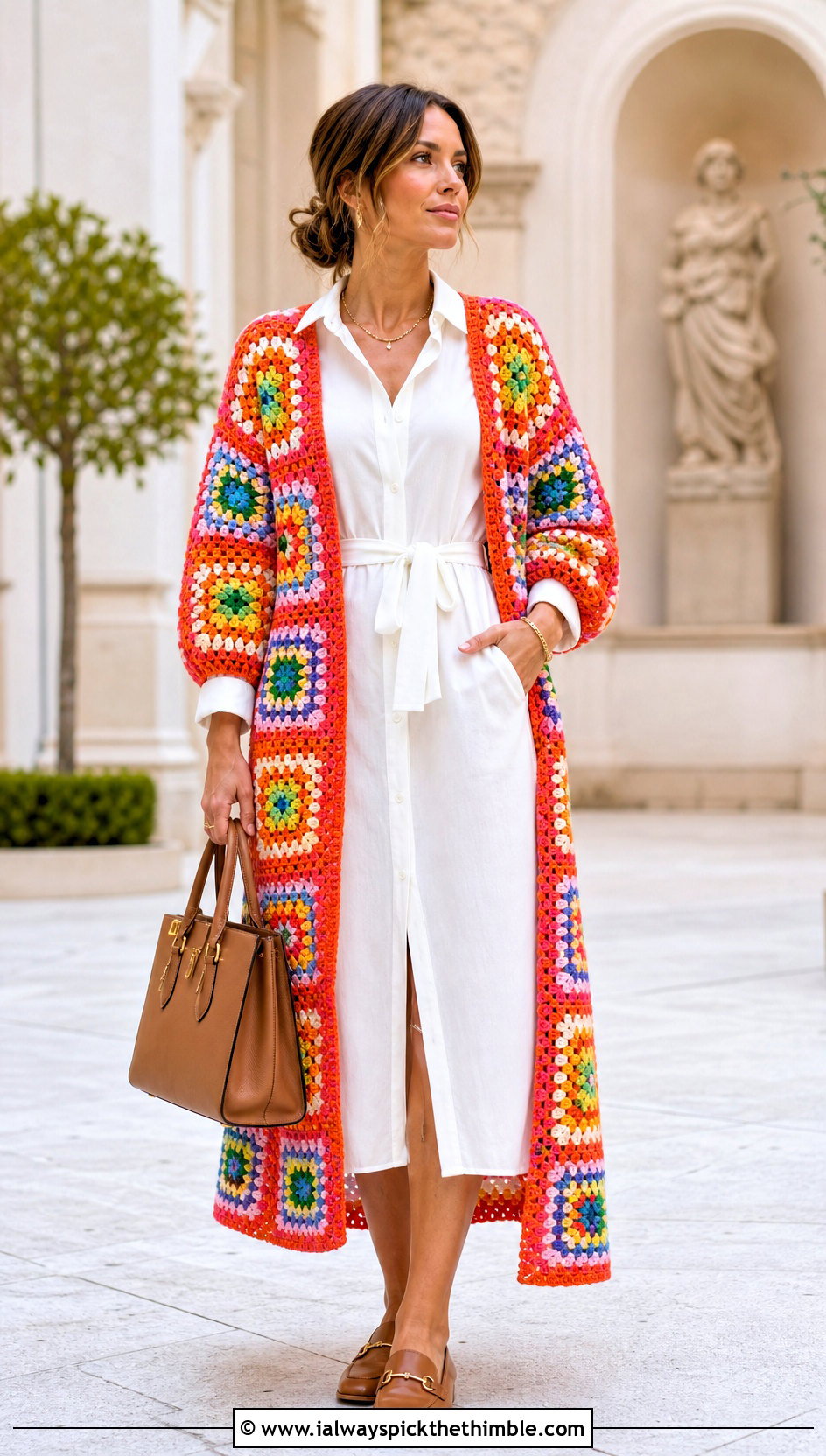Rainbow Granny Square Crochet Duster With White Shirt Dress - 15 Granny Square Crochet Duster outfit ideas