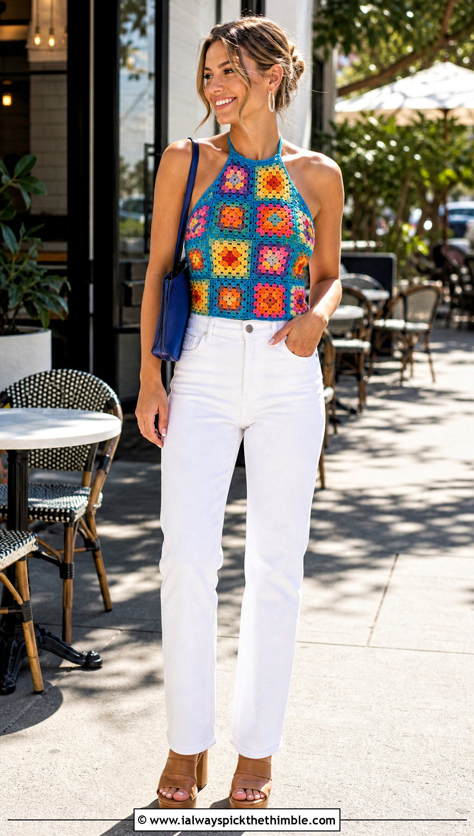 Rainbow Granny Square Crochet Halter Top With White Jeans - 15 rainbow crochet summer top outfit ideas