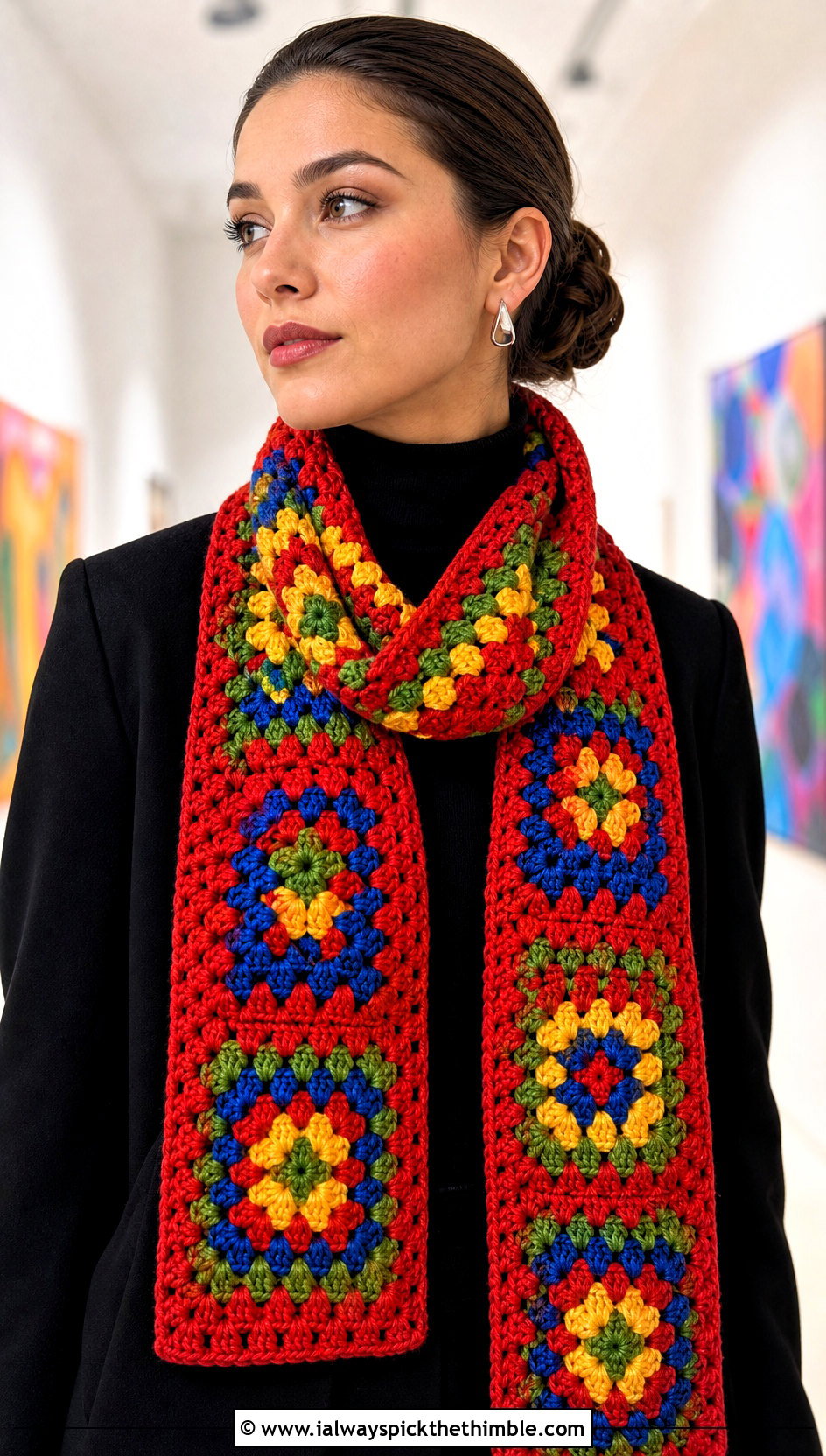 Rainbow Granny Square Crochet Scarf With Black Outfit - 25 granny square crochet scarf outfit ideas