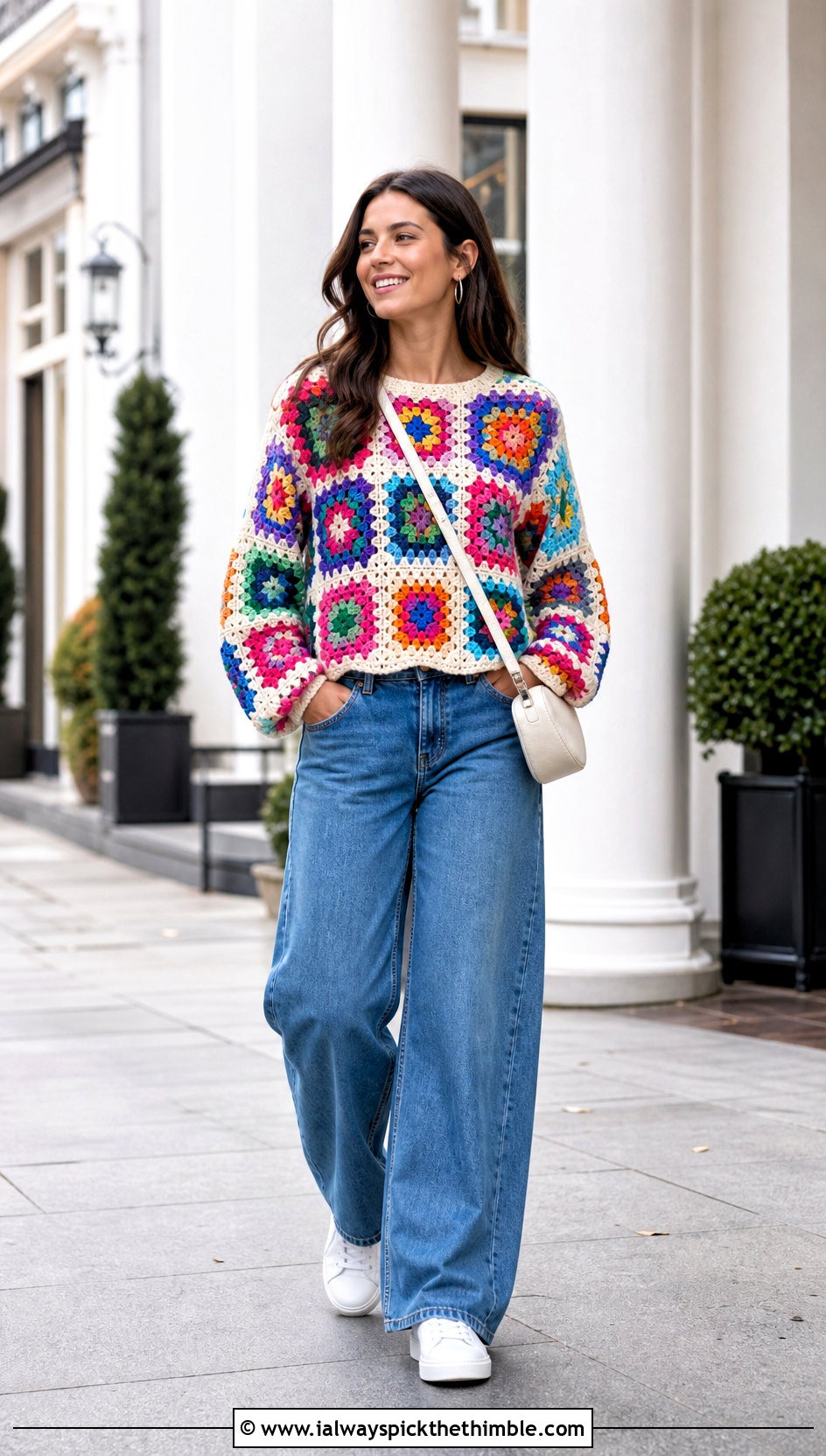 Rainbow Granny Square Crochet Sweater With Wide Leg Jeans - 25 colorful crochet sweater outfit ideas