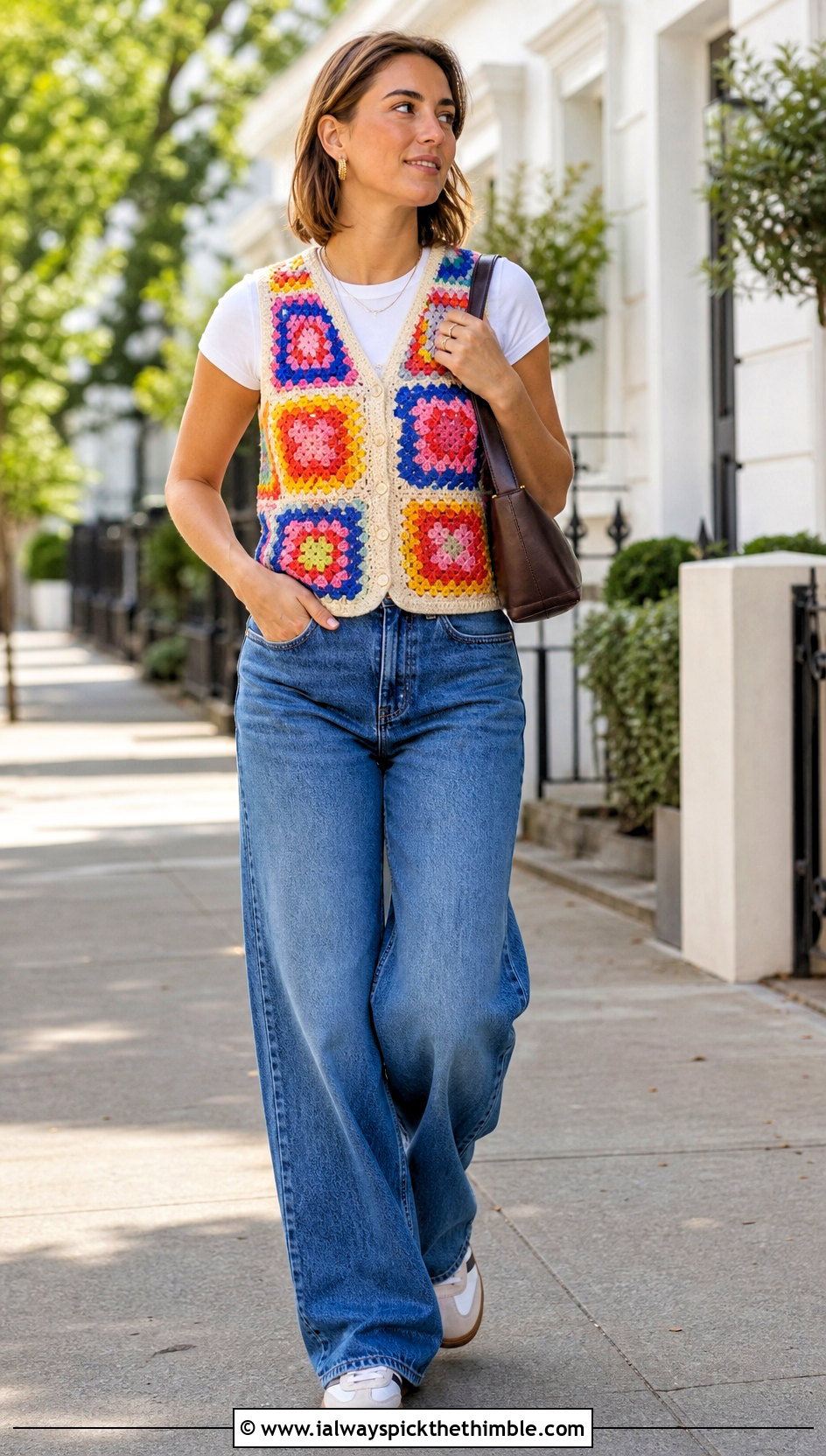 Rainbow Granny Square Crochet Vest With Wide Leg Jeans - 15 vintage rainbow crochet vest outfit ideas