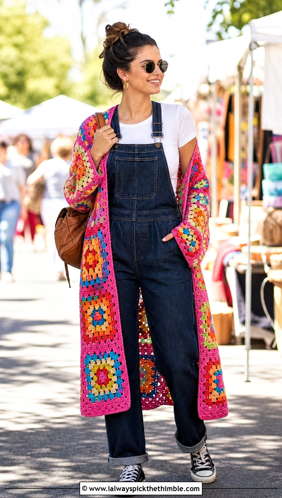 Rainbow Granny Square Duster With Denim Overalls - 20 Crochet Granny Square Duster outfit ideas