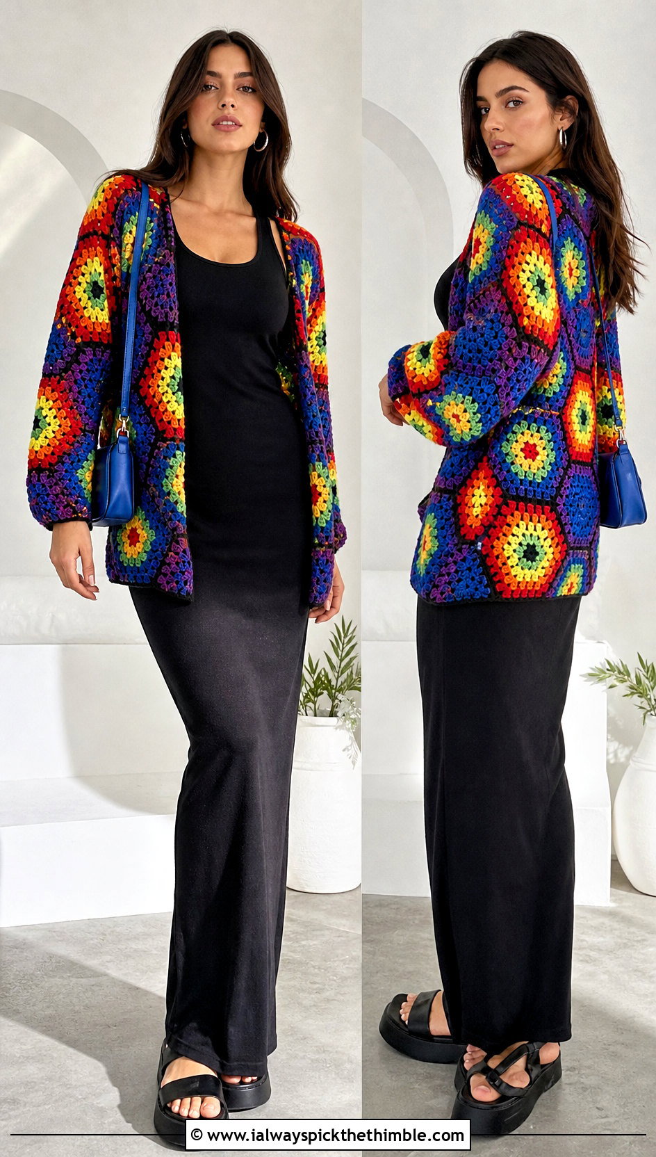 Rainbow Granny Square Hexagon Cardigan With Black Maxi Dress - 25 granny square hexagon cardigan outfit ideas