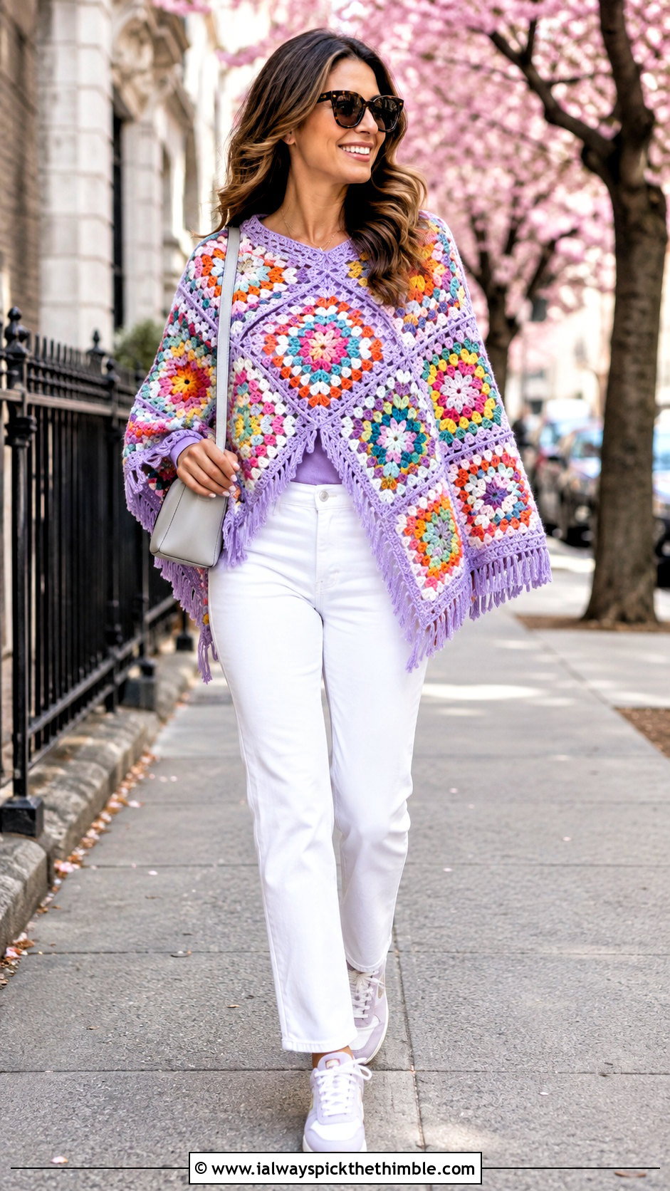 Rainbow Granny Square Poncho With White Denim - 25 granny square poncho outfit ideas