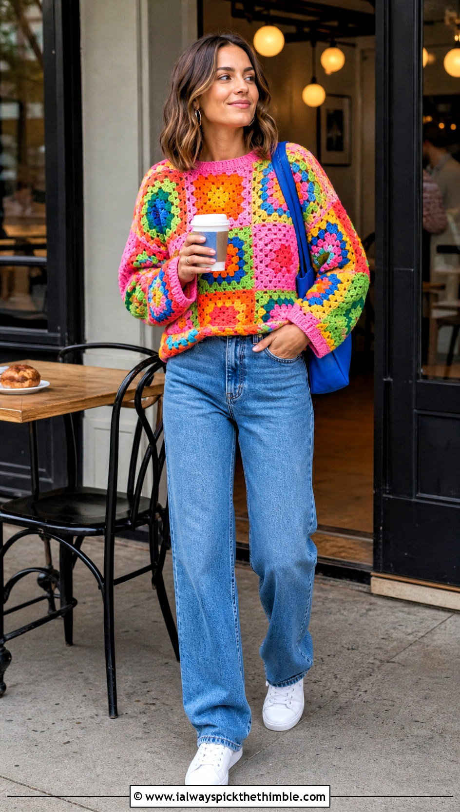 Rainbow Granny Square Pullover With Straight Leg Jeans - 15 bright rainbow crochet sweater outfit ideas