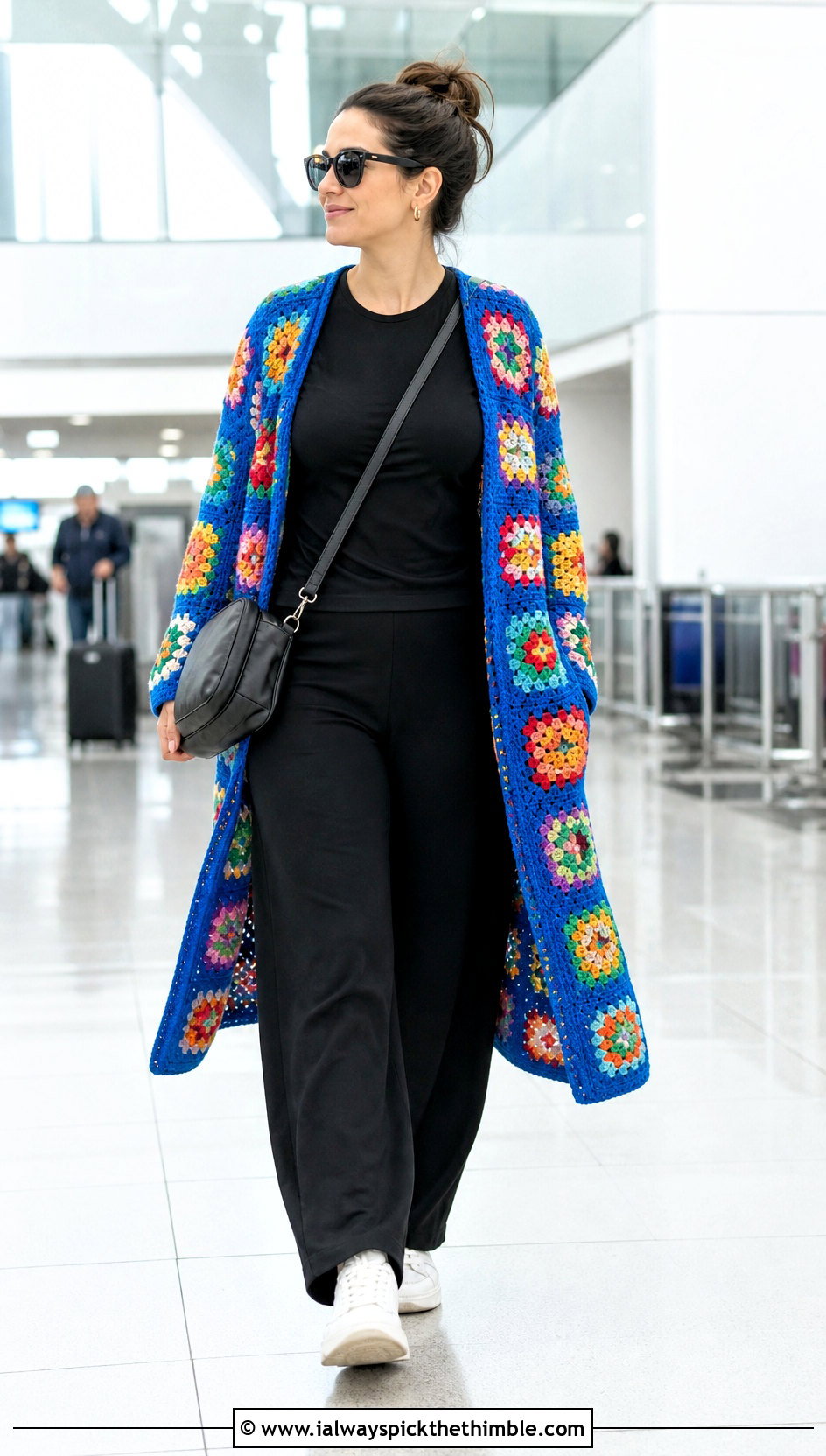 Rainbow Granny Square Robe With Black Travel Basics - 20 granny square robe outfit ideas