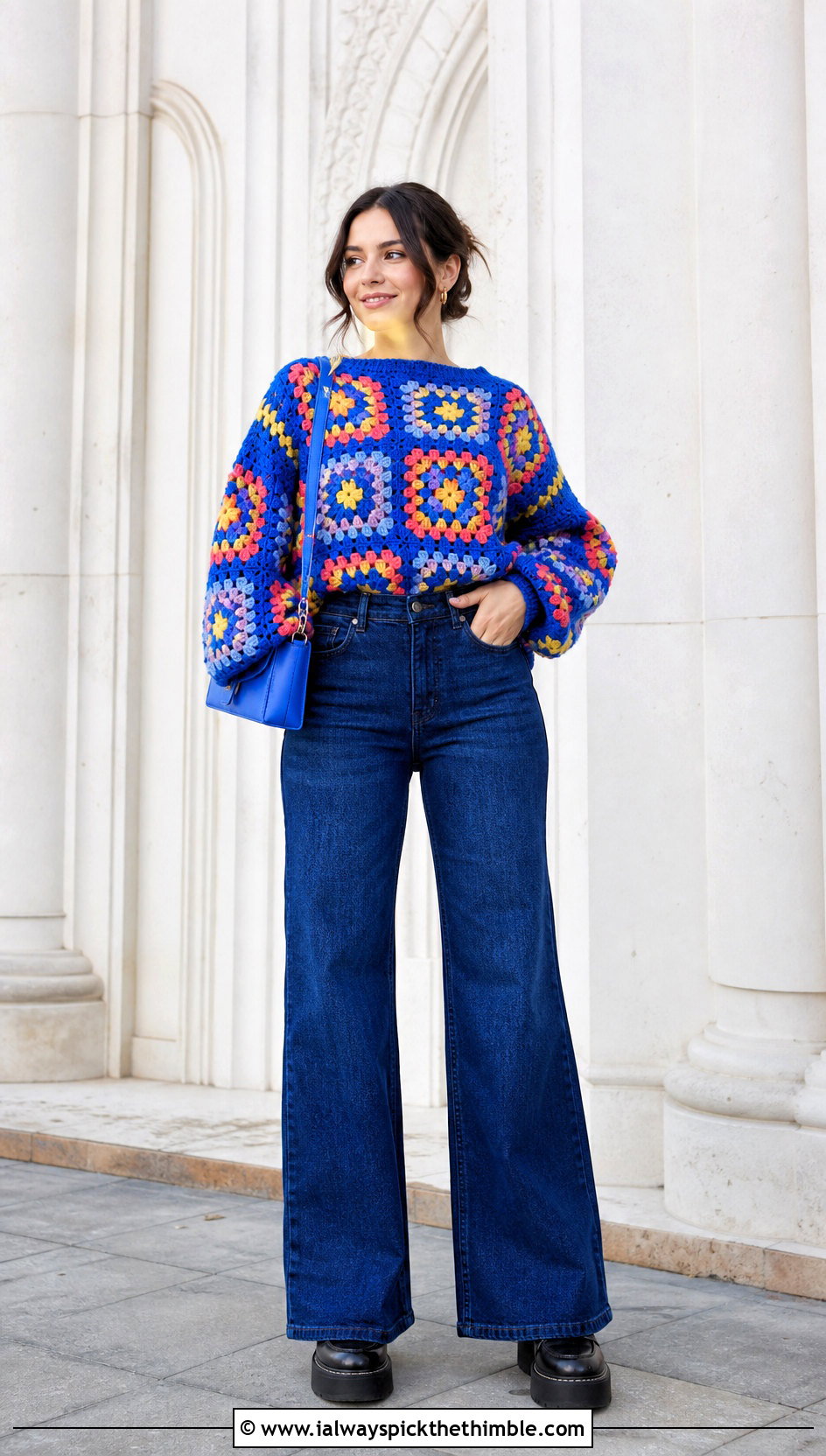 Rainbow Granny Square Sweater With Dark Wash Flare Jeans - 20 oversized granny square sweater outfit ideas