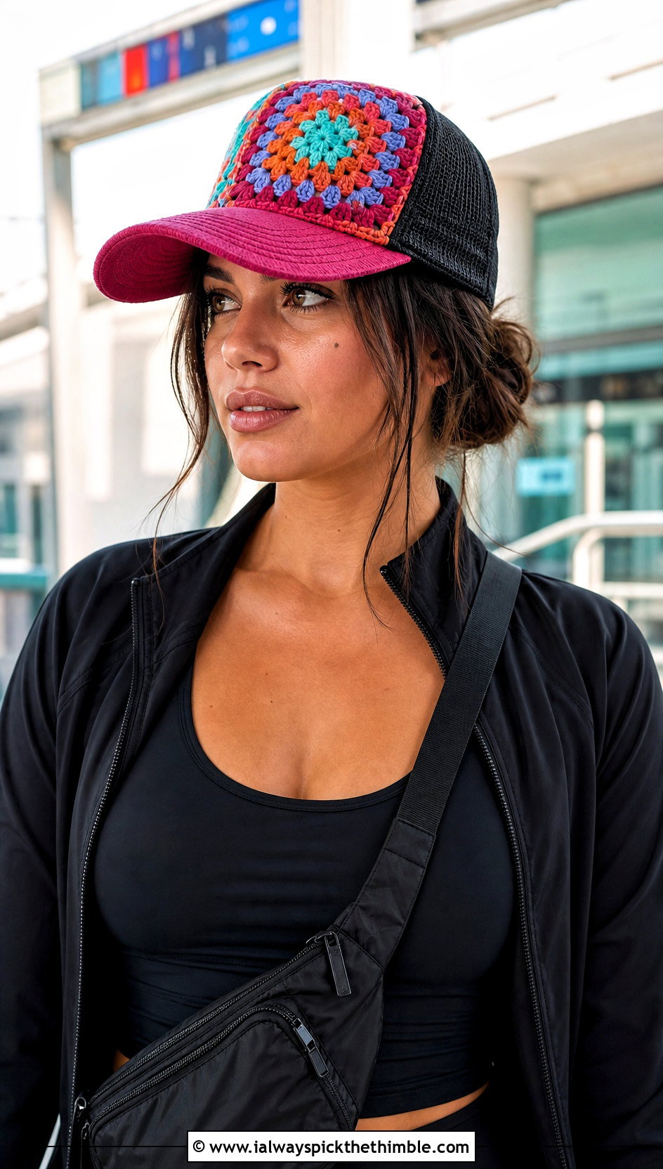 Rainbow Granny Square Trucker Hat With Black Athleisure - 25 granny square trucker hat outfit ideas