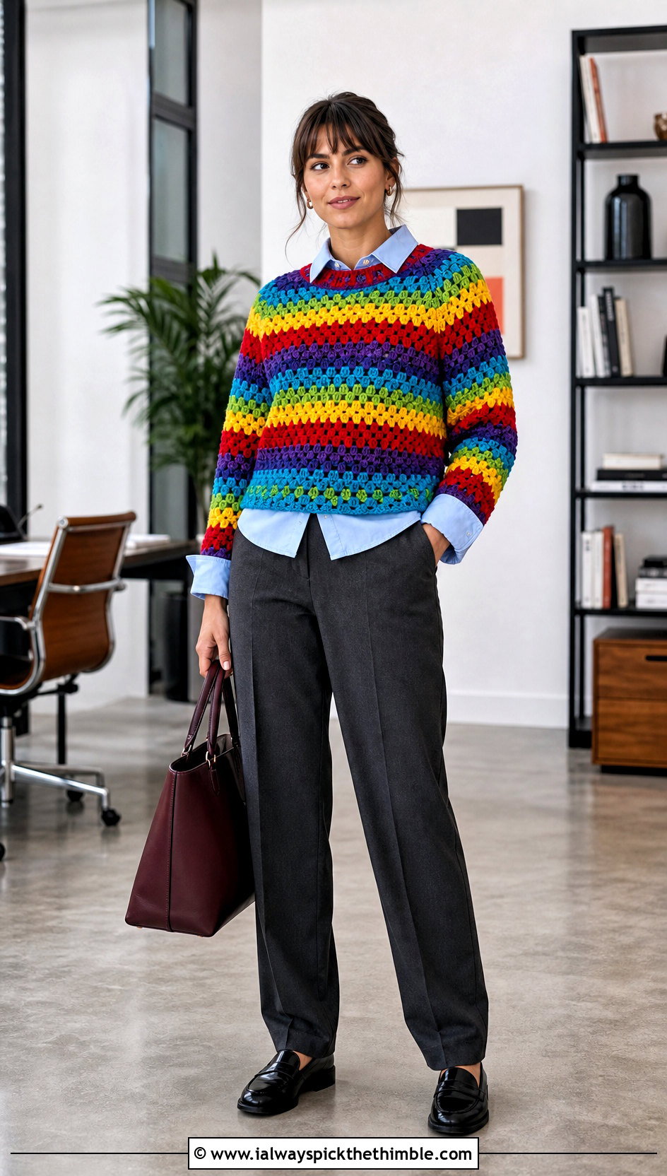 Rainbow Granny Stripe Crewneck With Tailored Trousers - 15 bright rainbow crochet sweater outfit ideas