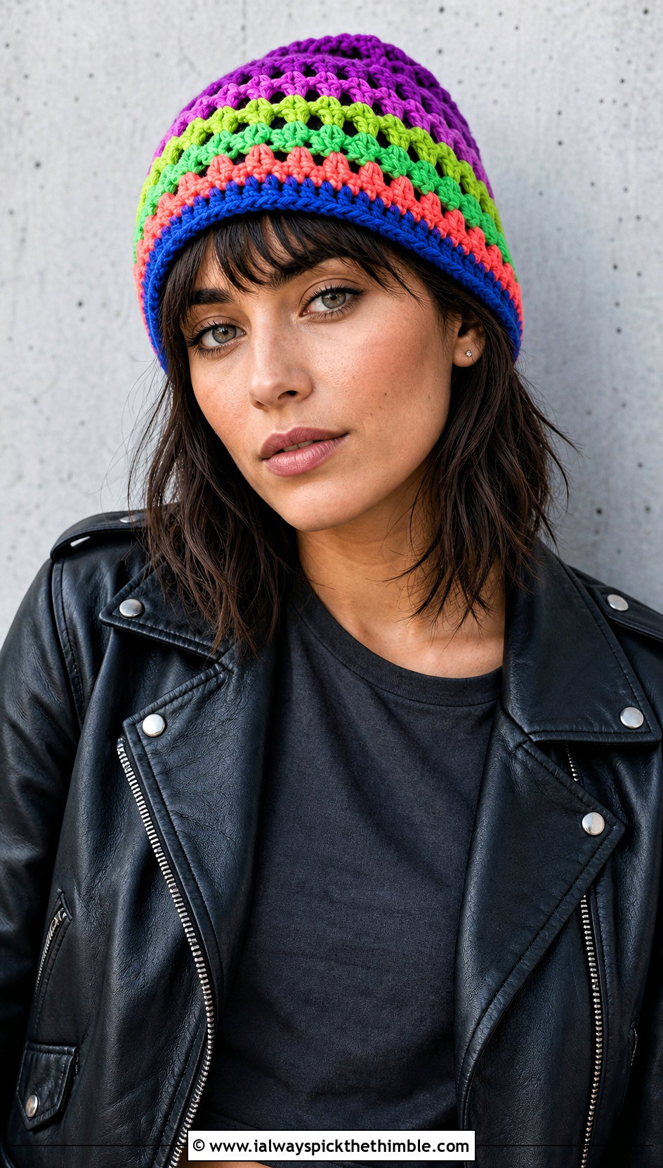 Rainbow Granny Stripe Crochet Beanie With Leather Jacket - 20 striped crochet beanie outfit ideas