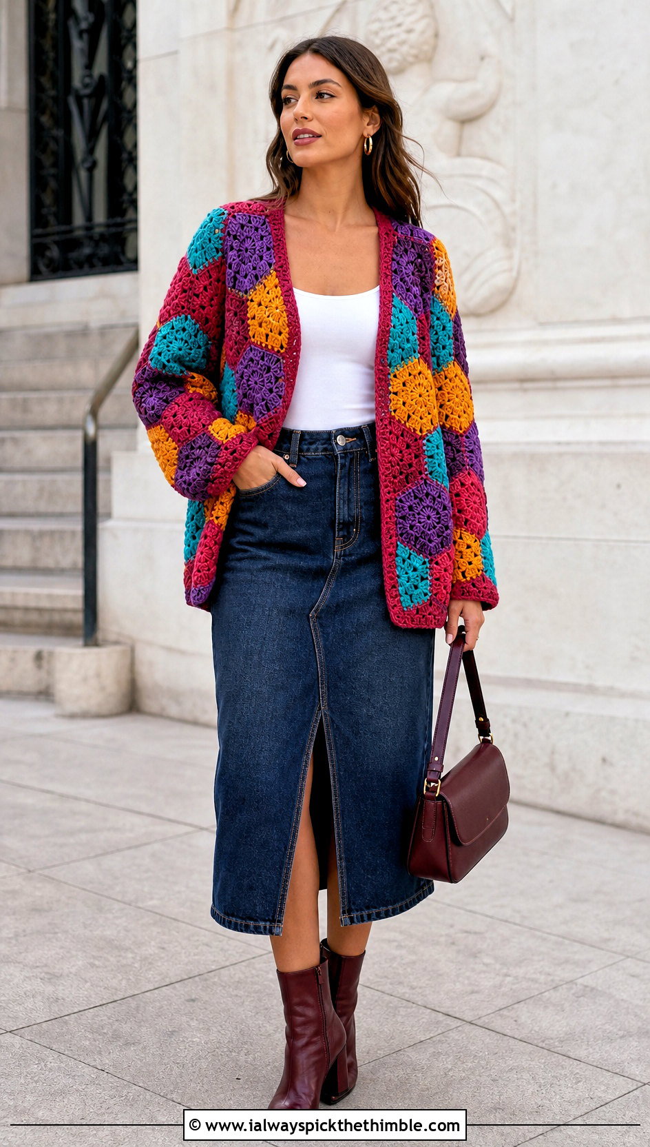 Rainbow Hexagon Crochet Cardigan With Denim Skirt - 20 Rainbow Crochet Cardigan outfit ideas