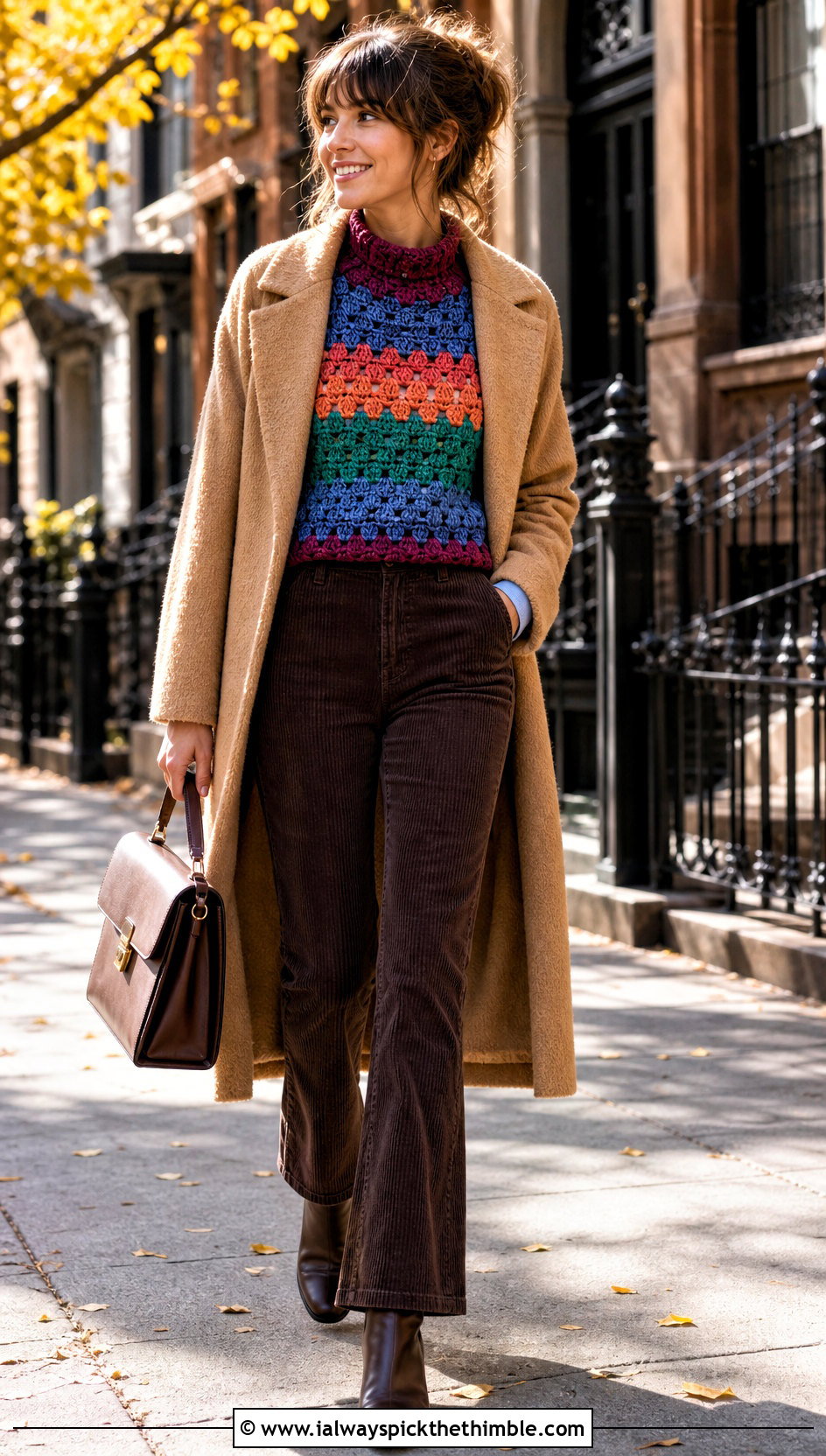 Rainbow High Neck Crochet Vest With Corduroy Pants - 15 vintage rainbow crochet vest outfit ideas