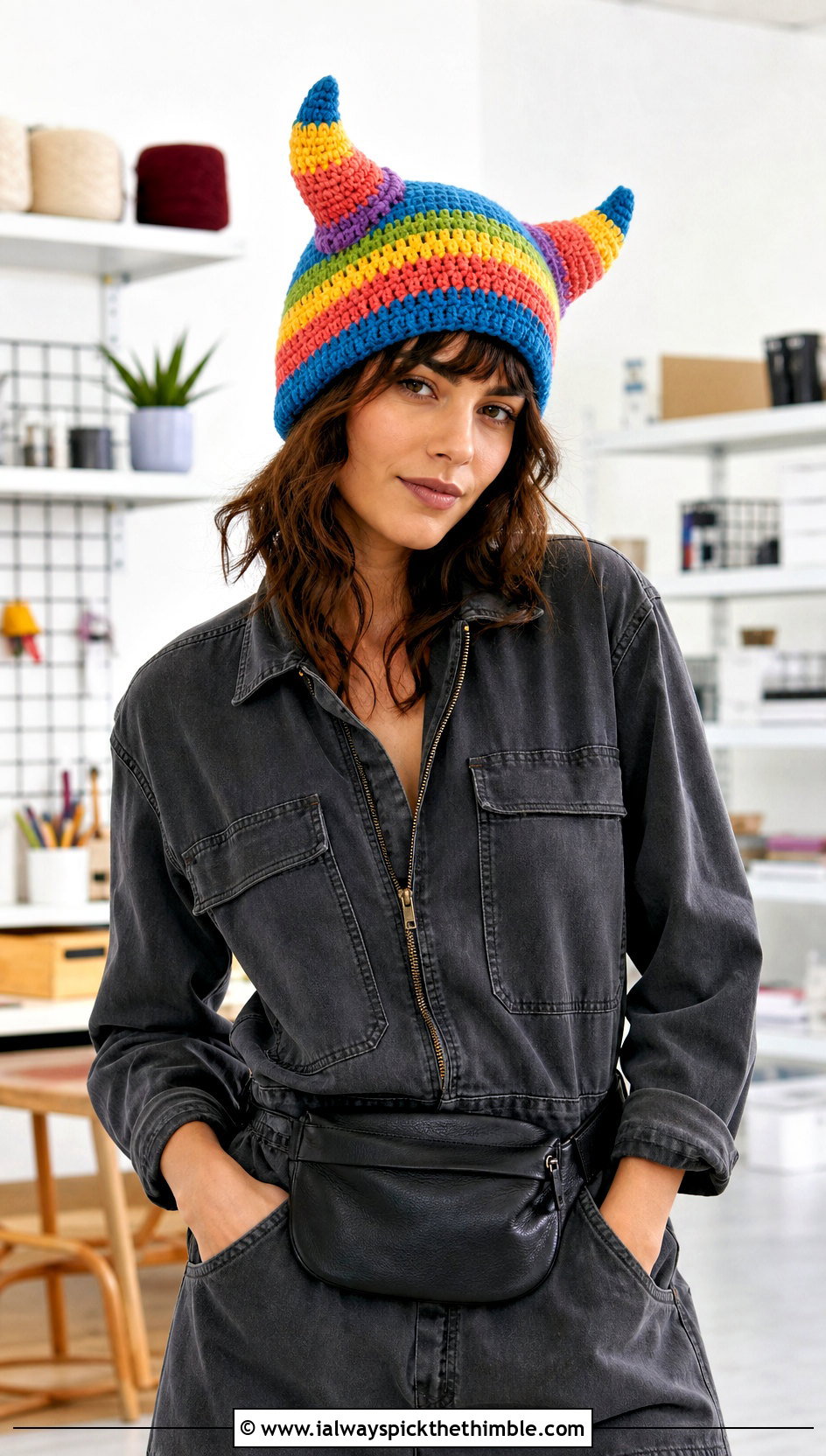 Rainbow Horn Crochet Beanie With Utility Jumpsuit - 20 Crochet Horned Beanie outfit ideas