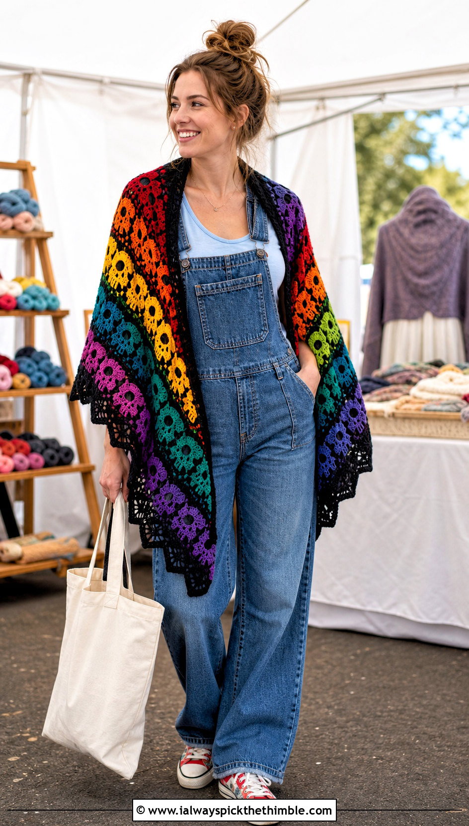 Rainbow Lost Souls Shawl With Denim Overalls - 15 Lost Soul Crochet Shawl outfit ideas