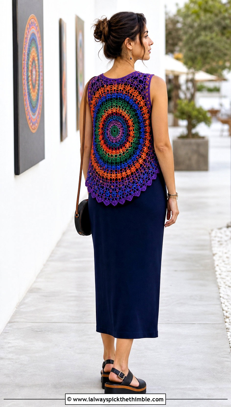 Rainbow Mandala Circle Crochet Vest With Column Dress - 15 vintage rainbow crochet vest outfit ideas