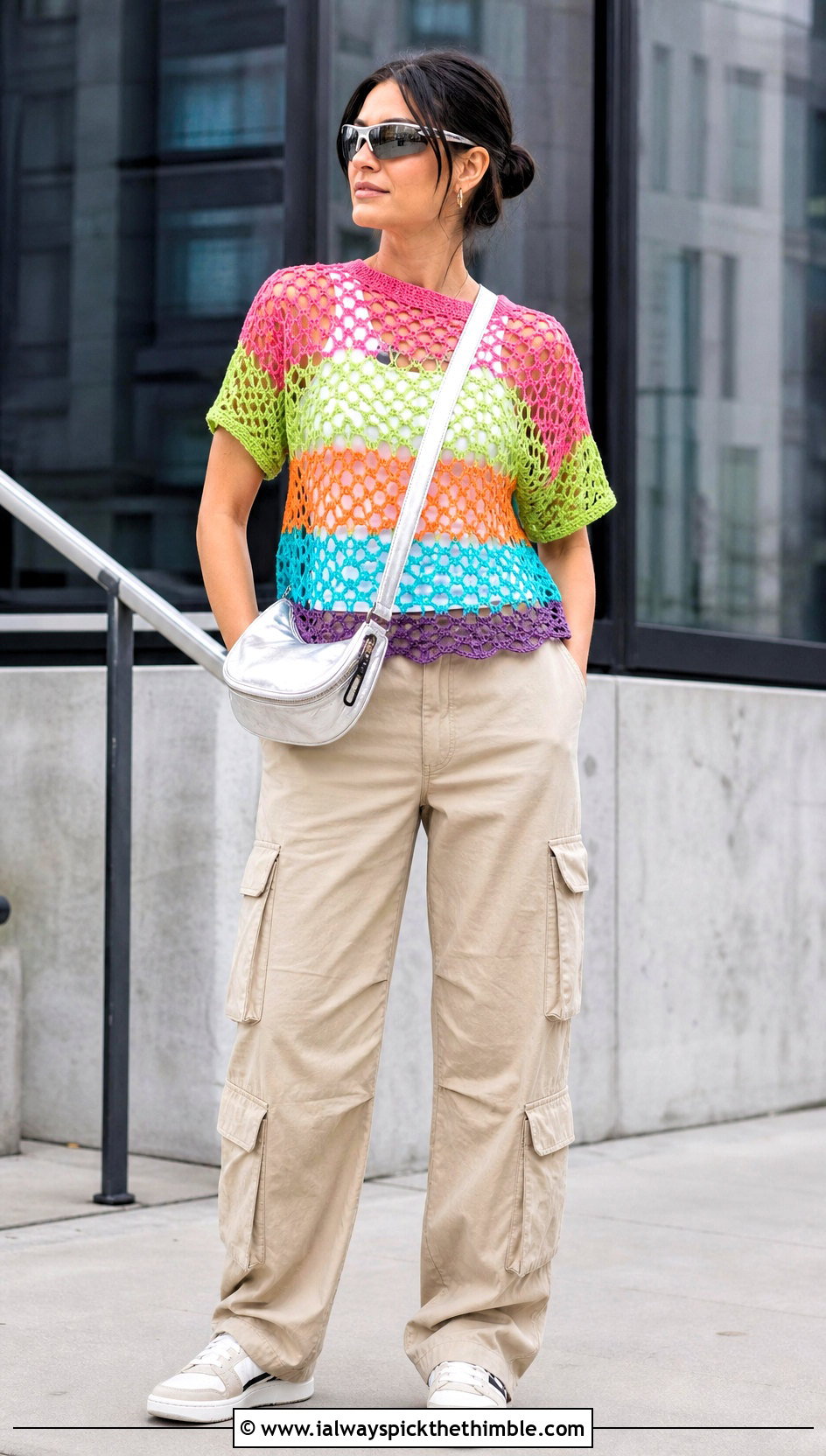 Rainbow Mesh Crochet Tee With Cargo Pants - 15 rainbow crochet summer top outfit ideas