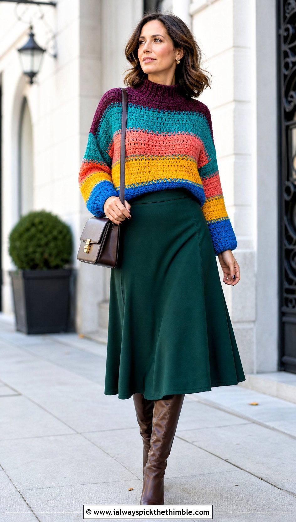Rainbow Mock Neck Crochet Sweater With Midi Skirt - 15 bright rainbow crochet sweater outfit ideas