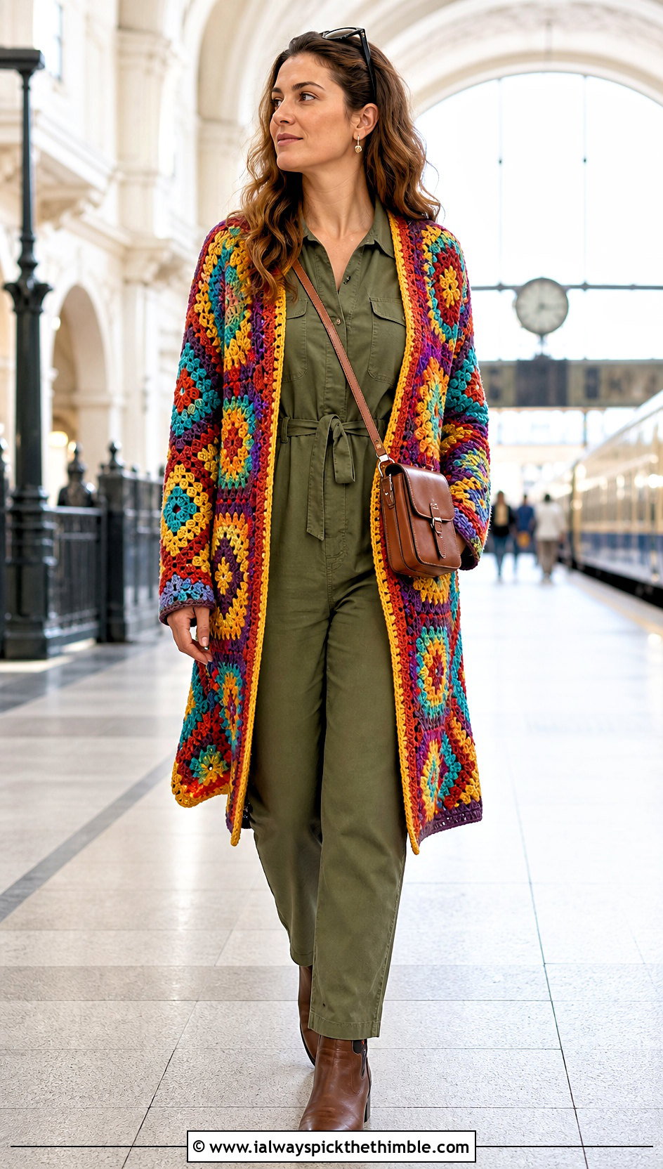 Rainbow Mosaic Crochet Cardigan With Utility Jumpsuit - 20 Rainbow Crochet Cardigan outfit ideas
