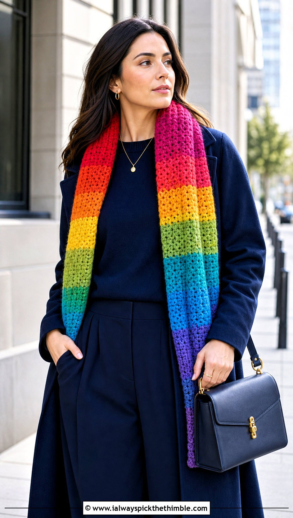 Rainbow Moss Stitch Crochet Scarf With Monochrome Navy Outfit - 20 Moss Stitch Crochet Scarf outfit ideas