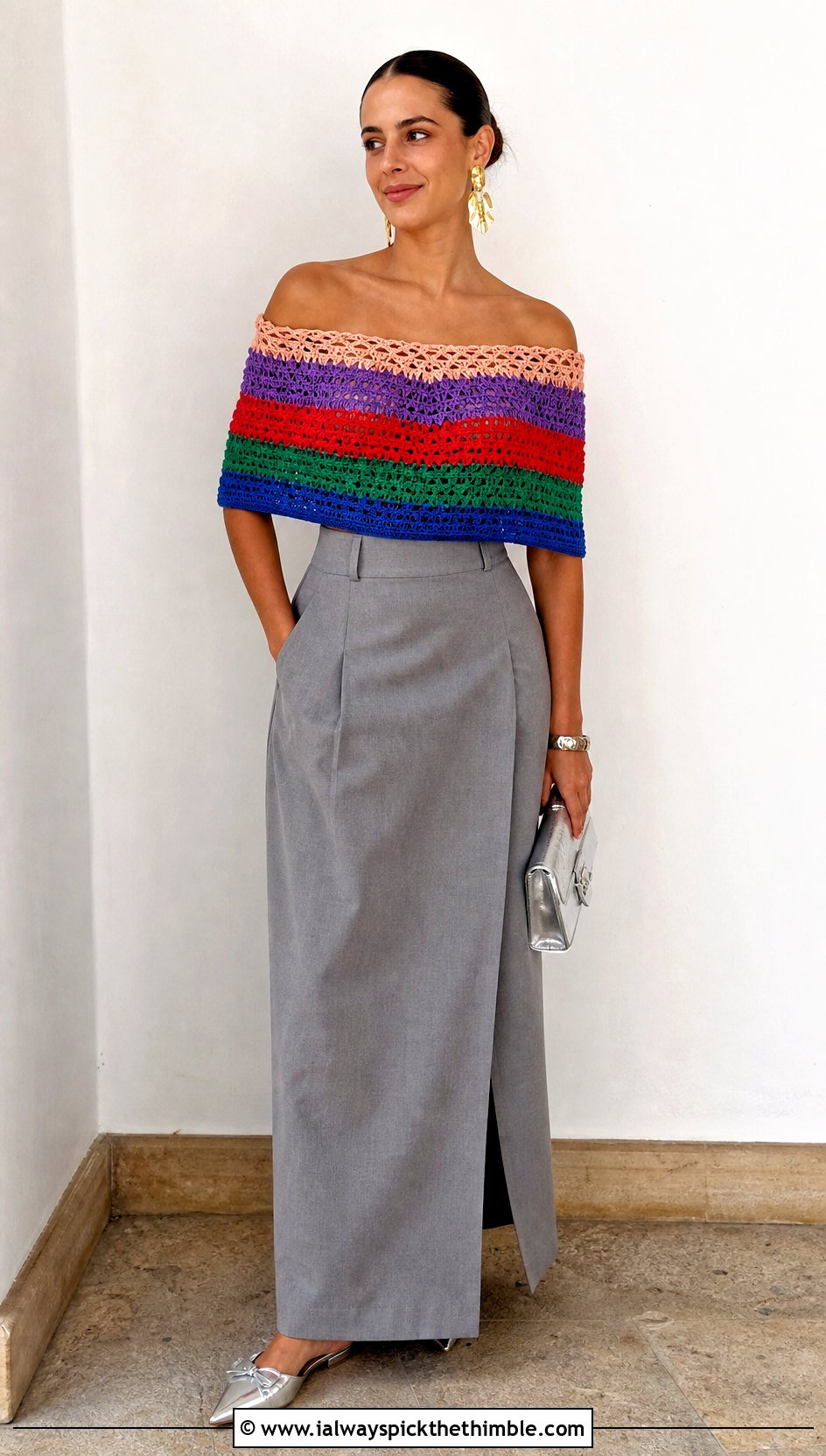 Rainbow Off Shoulder Crochet Top With Tailored Maxi Skirt - 15 rainbow crochet summer top outfit ideas