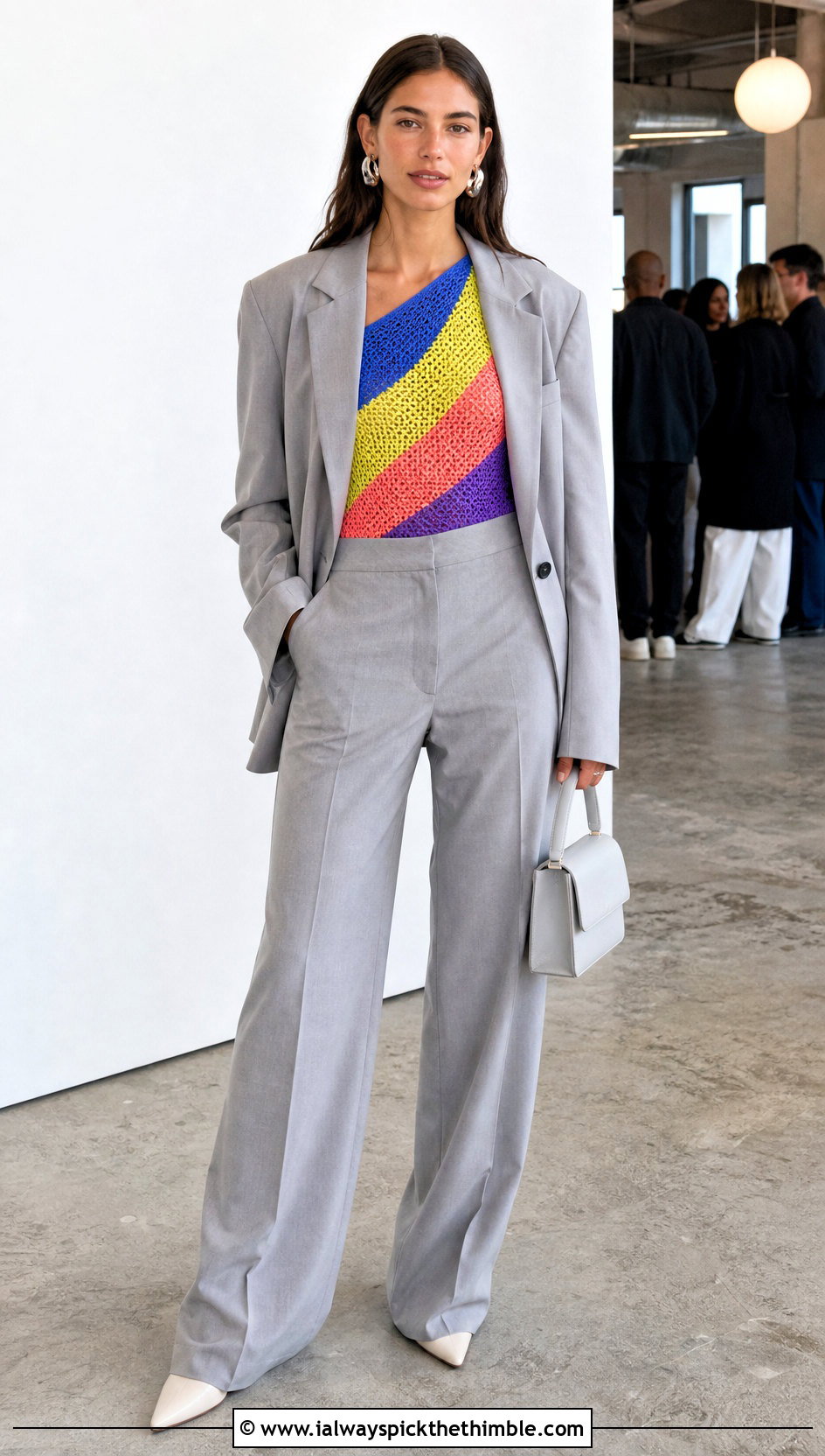 Rainbow One Shoulder Crochet Top With Wide Leg Suit - 20 rainbow crochet top outfit ideas