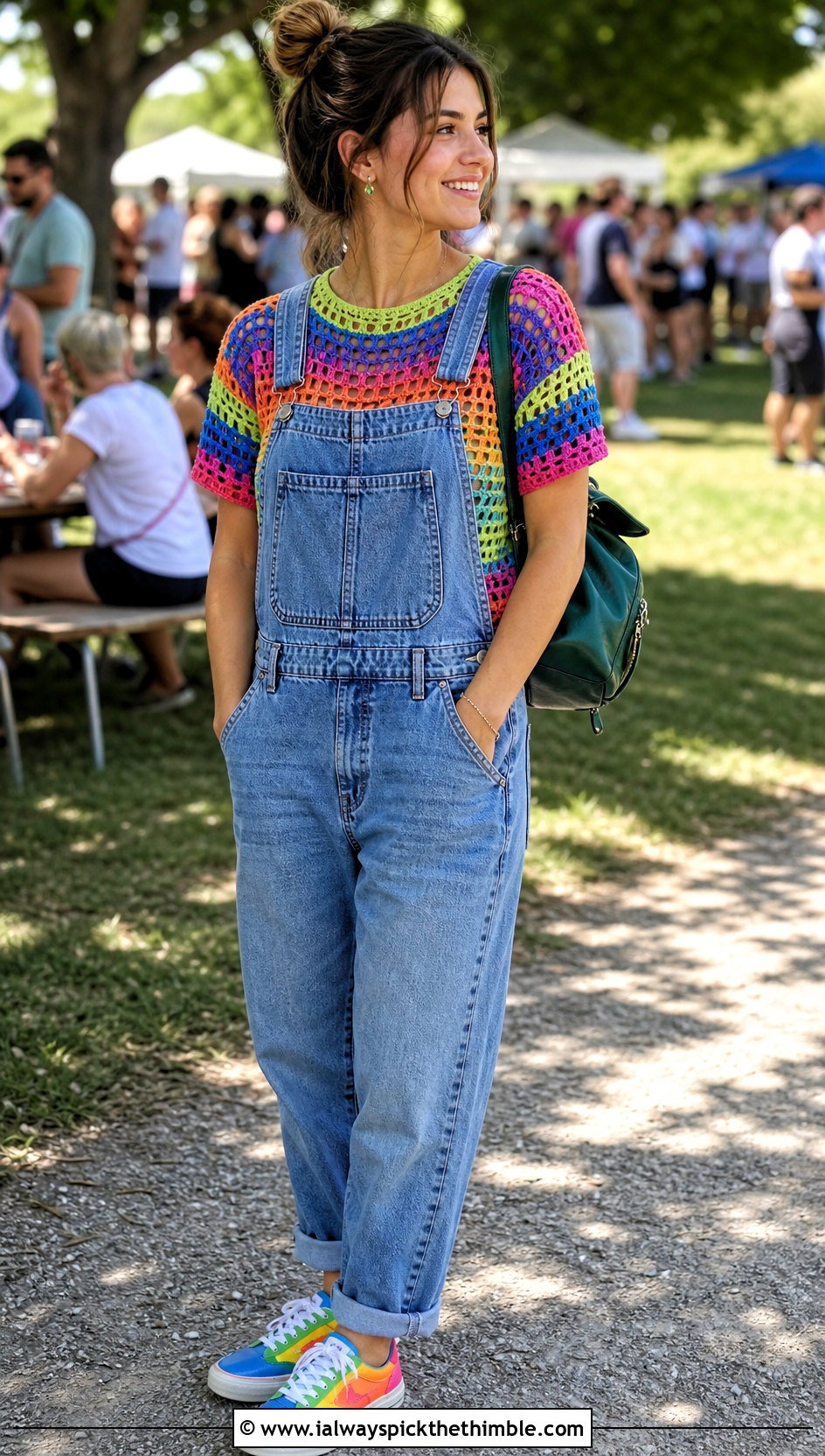 Rainbow Open Knit Crochet Tee With Denim Overalls - 25 crochet pride top outfit ideas