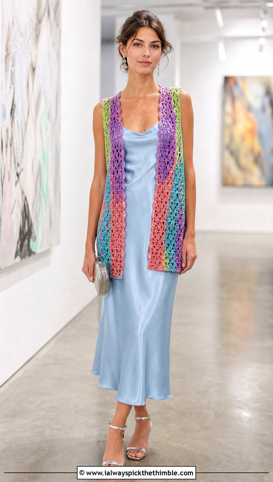 Rainbow Openwork Crochet Vest With Satin Slip Dress - 15 vintage rainbow crochet vest outfit ideas