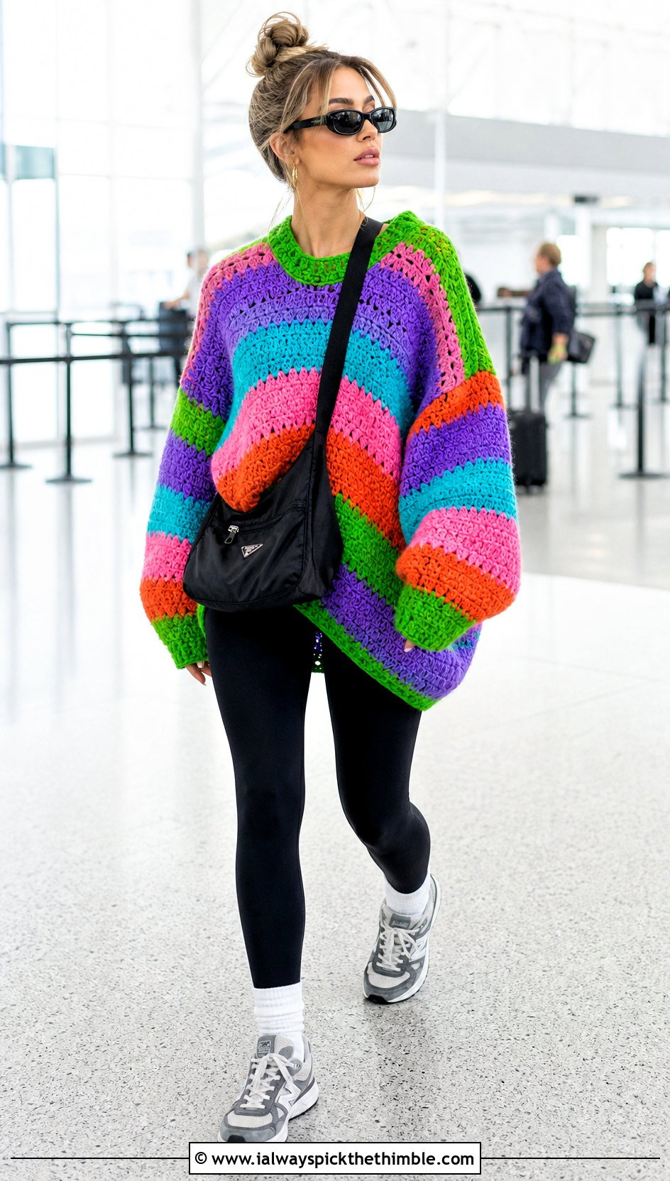 Rainbow Oversized Crochet Sweater With Leggings - 15 bright rainbow crochet sweater outfit ideas