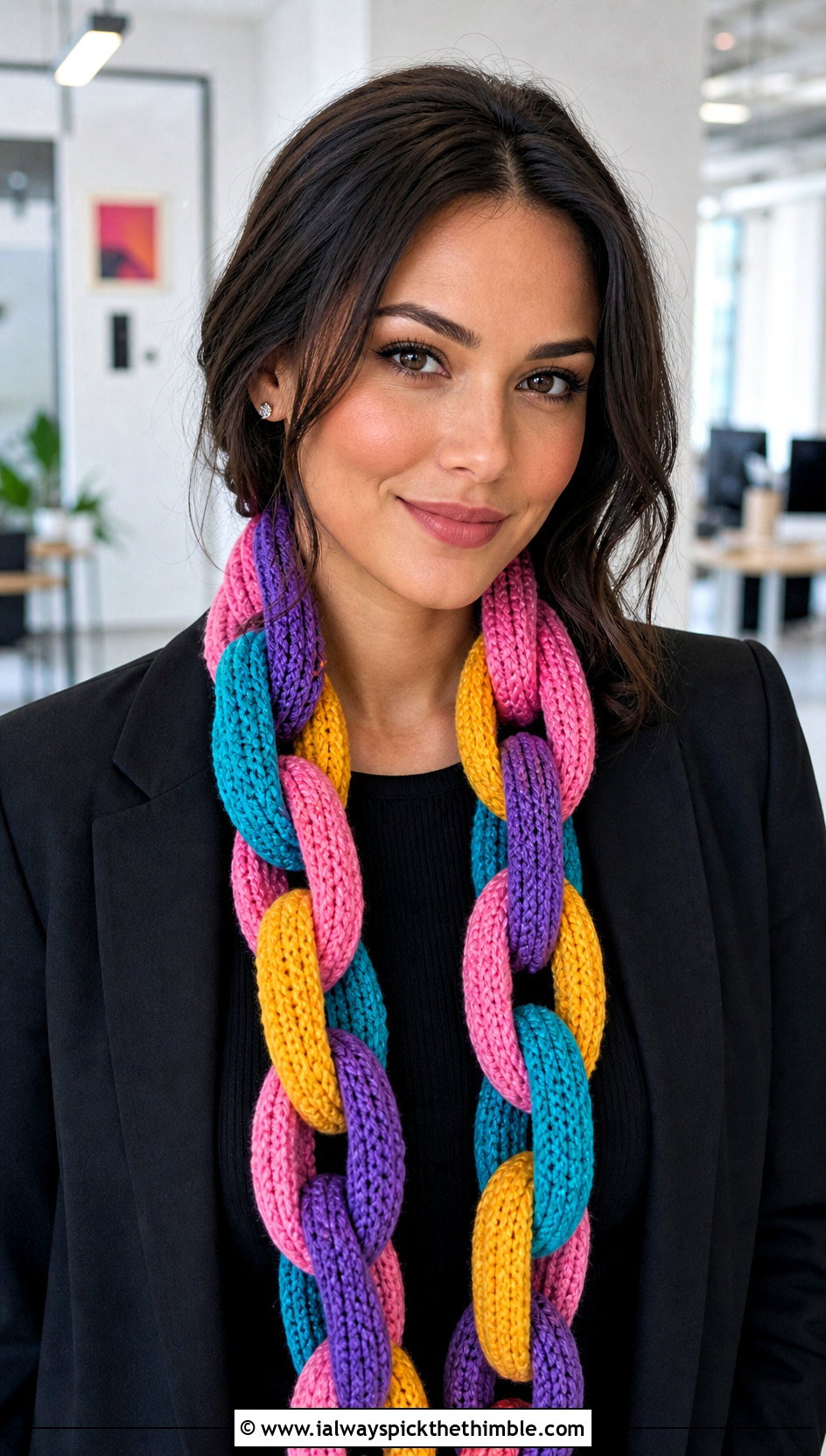 Rainbow Paper Chain Crochet Scarf With Black Suit - 20 Crochet Chain Link Scarf outfit ideas