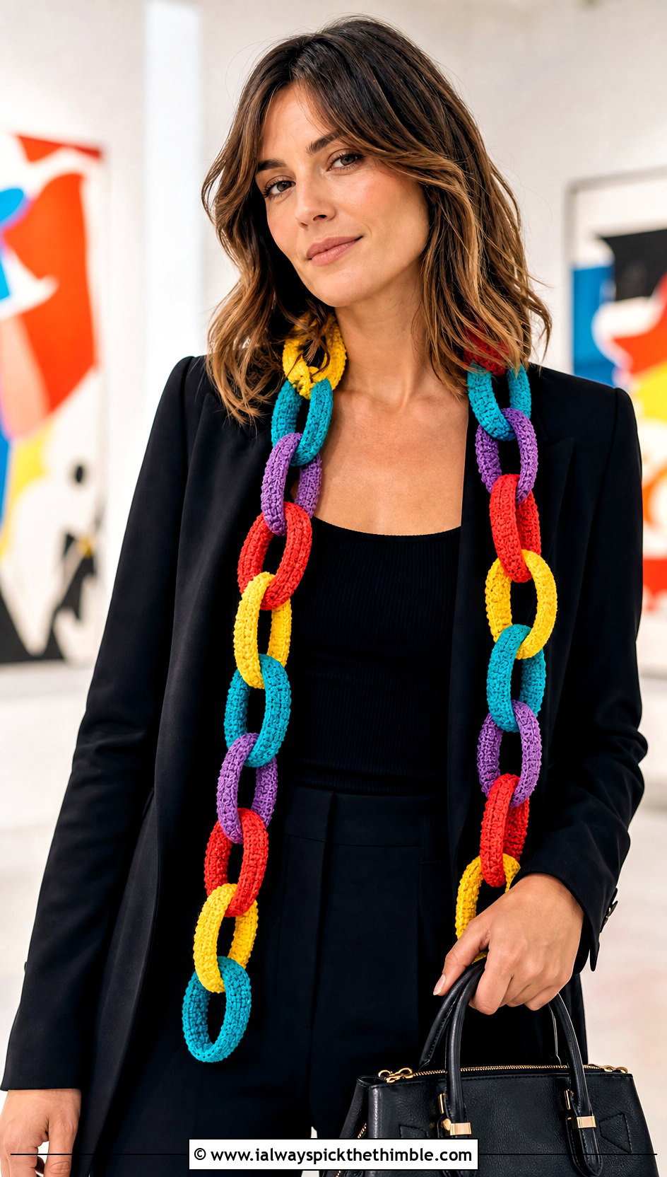 Rainbow Paper Chain Crochet Scarf With Black Trouser Suit - 15 Chain Link Crochet Scarf outfit ideas