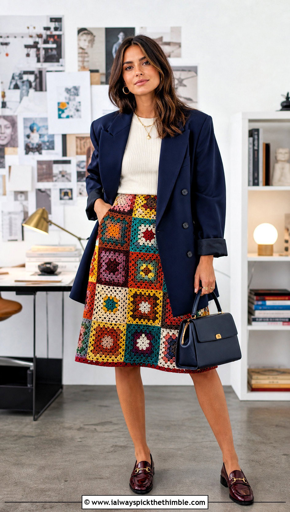Rainbow Patchwork Crochet A Line Skirt With Blazer - 20 Rainbow Crochet Skirt outfit ideas