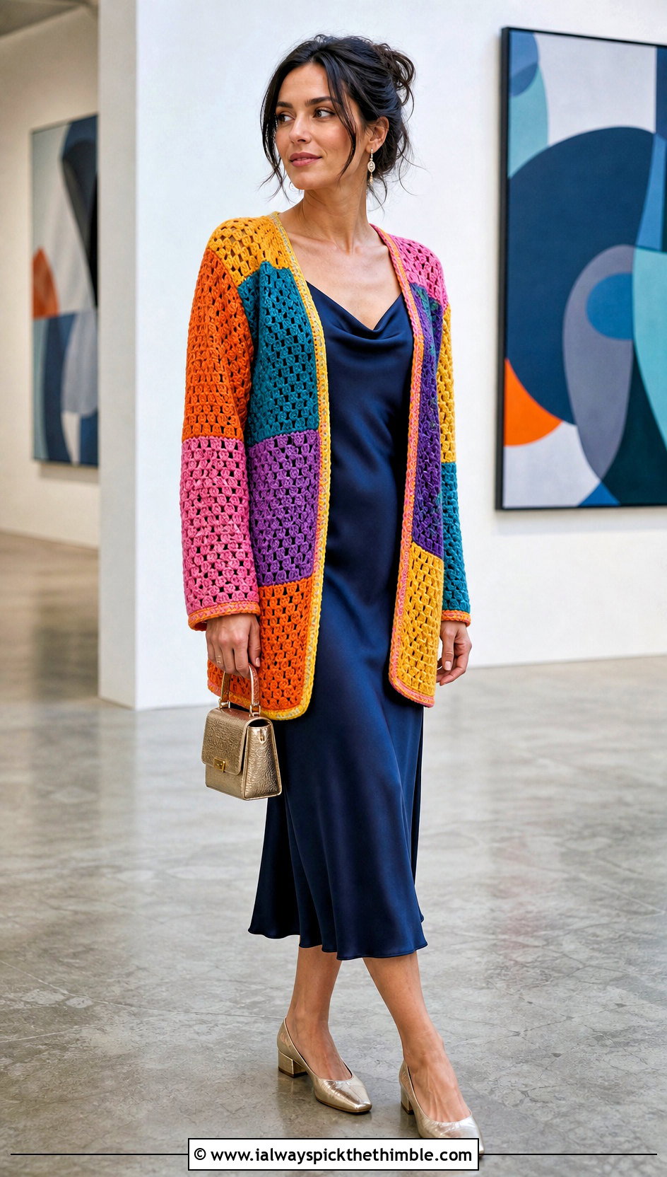 Rainbow Patchwork Crochet Cardigan With Slip Dress - 15 bright rainbow crochet sweater outfit ideas