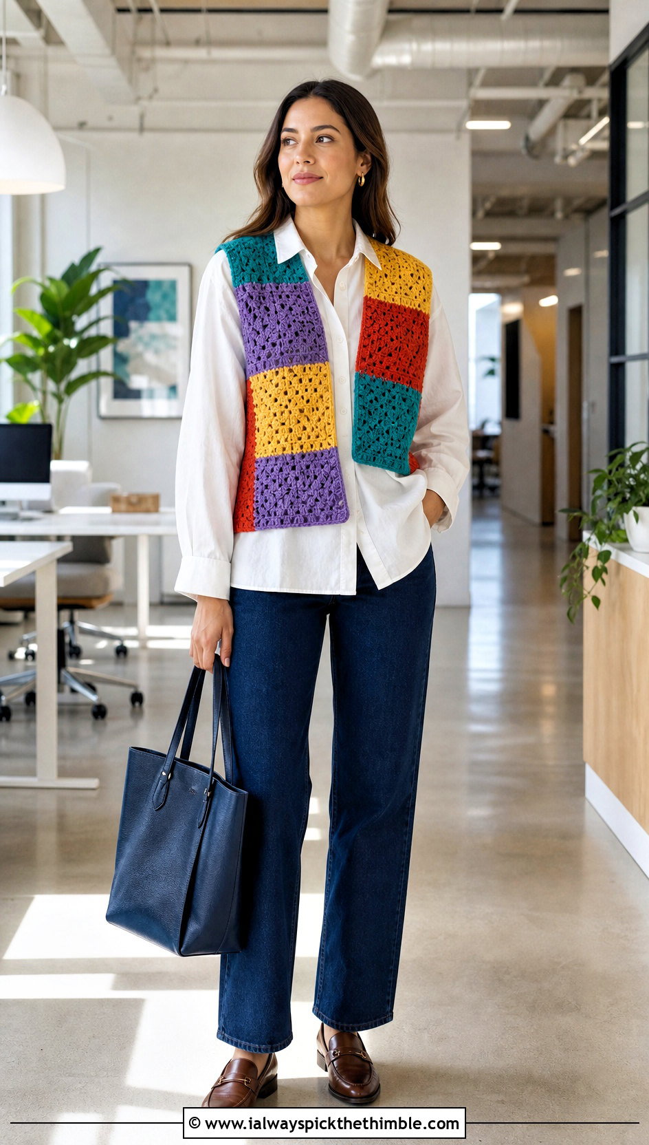 Rainbow Patchwork Crochet Vest With Button Down Shirt - 20 rainbow crochet top outfit ideas