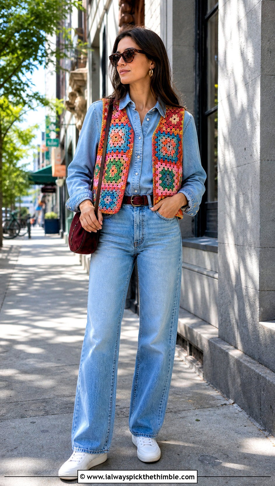 Rainbow Patchwork Crochet Vest With Matching Denim Set - 15 vintage rainbow crochet vest outfit ideas