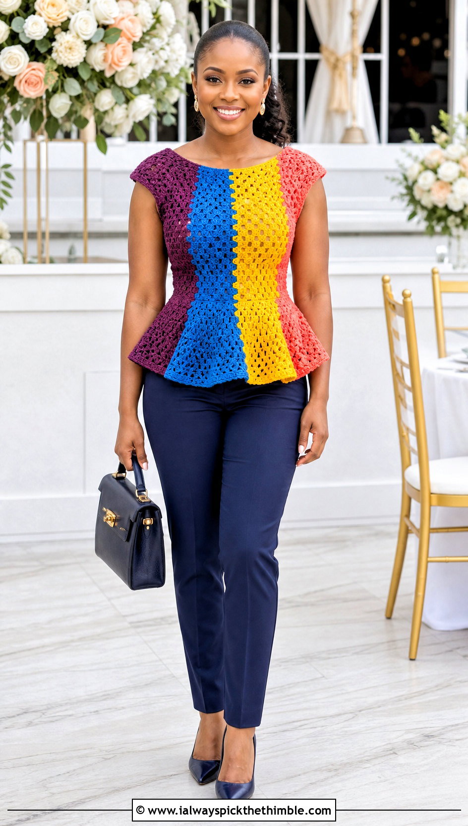 Rainbow Peplum Crochet Top With Cigarette Pants - 20 rainbow crochet top outfit ideas