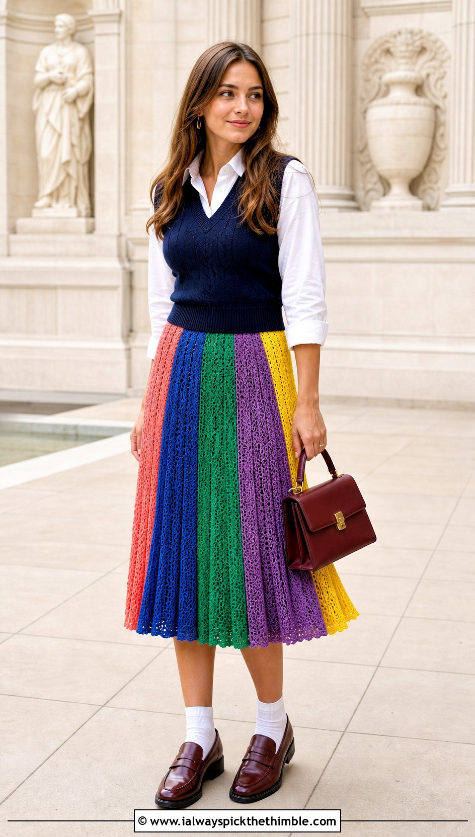 Rainbow Pleated Crochet Midi Skirt With Vest And Loafers - 20 Rainbow Crochet Skirt outfit ideas