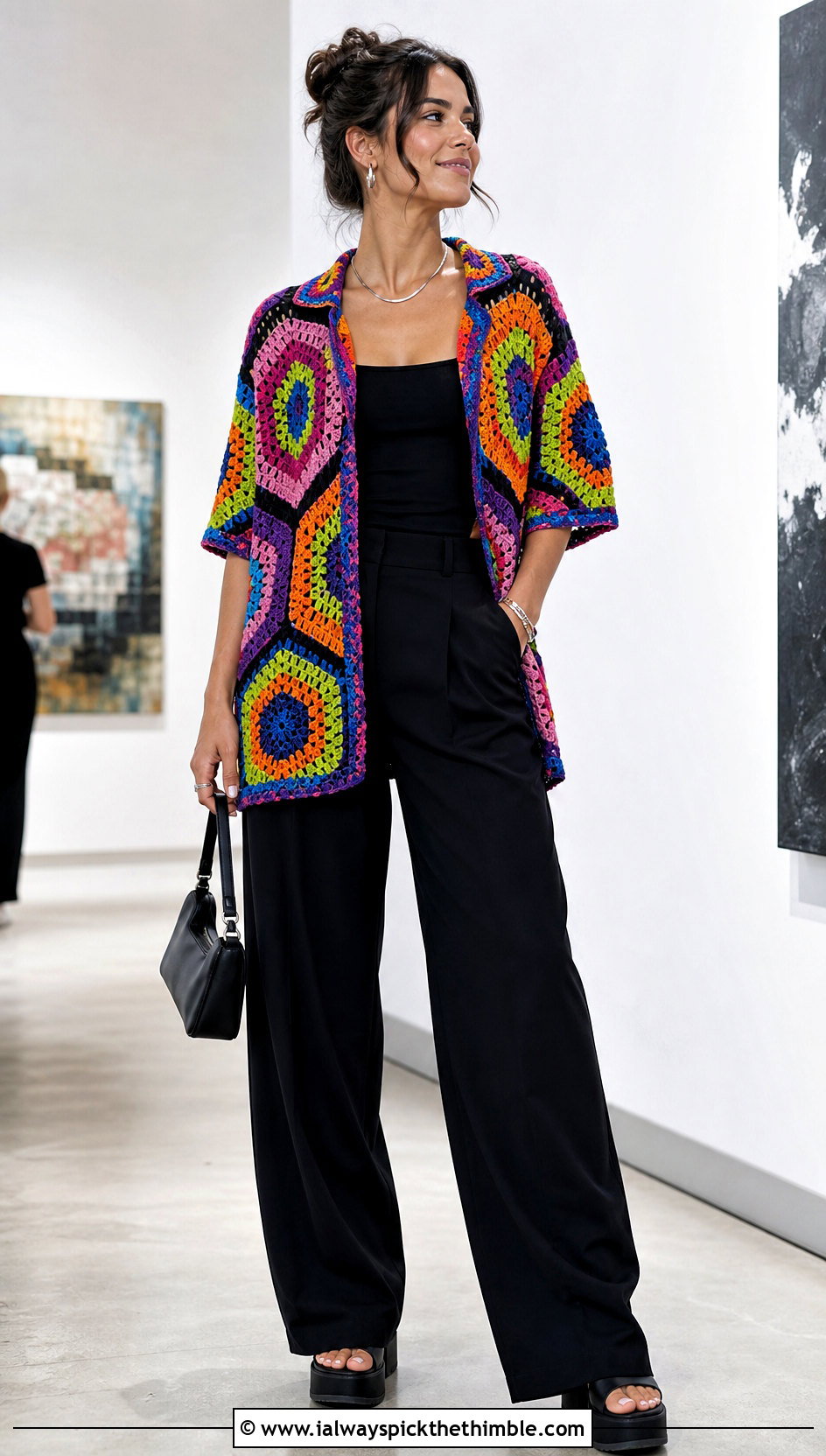 Rainbow Relaxagon Crochet Shirt With Black Wide Leg Pants - 20 crochet relaxagon shirt outfit ideas