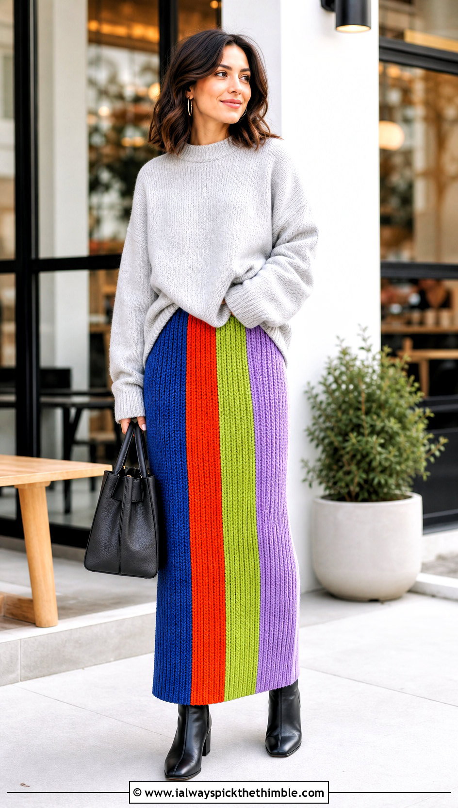 Rainbow Ribbed Crochet Column Skirt With Oversized Sweater - 20 Rainbow Crochet Skirt outfit ideas