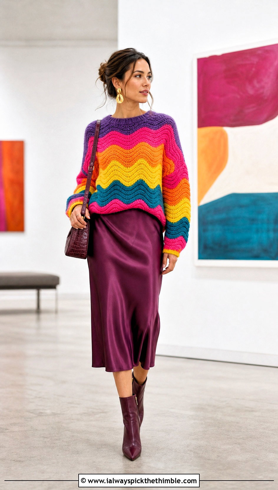 Rainbow Ripple Stitch Sweater With Satin Midi Skirt - 15 bright rainbow crochet sweater outfit ideas