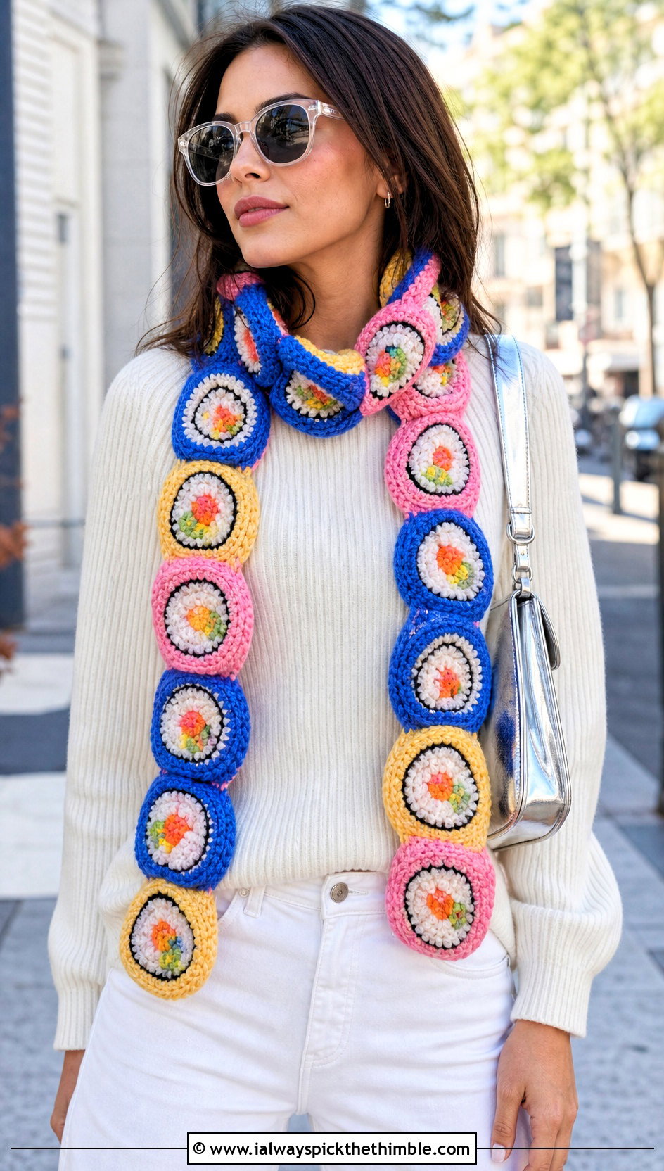 Rainbow Roll Crochet Sushi Scarf With White Outfit - 20 crochet sushi scarf outfit ideas