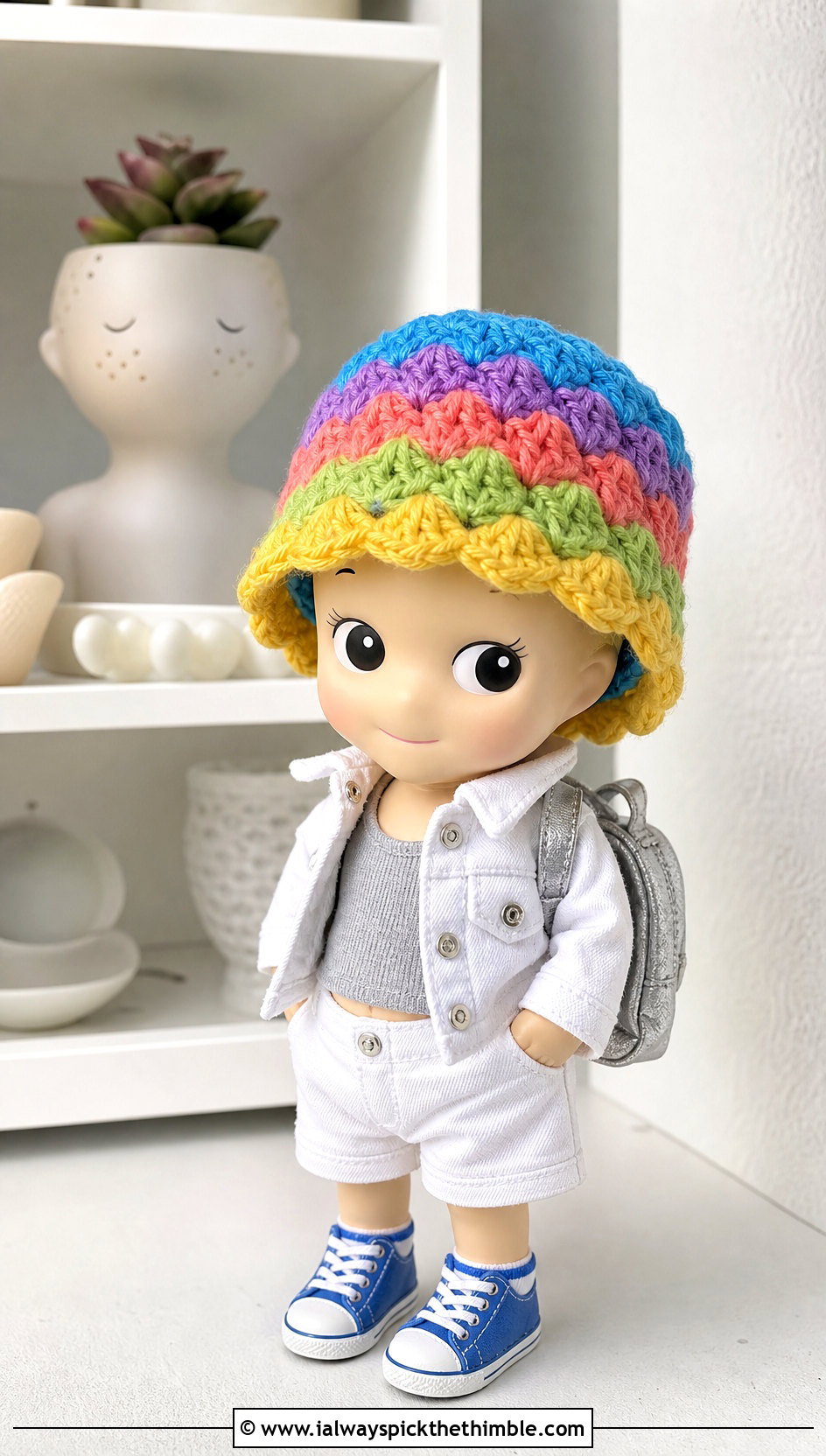 Rainbow Scallop Bucket Sonny Angel Crochet Hat With White Denim - 20 sonny angel crochet hat outfit ideas