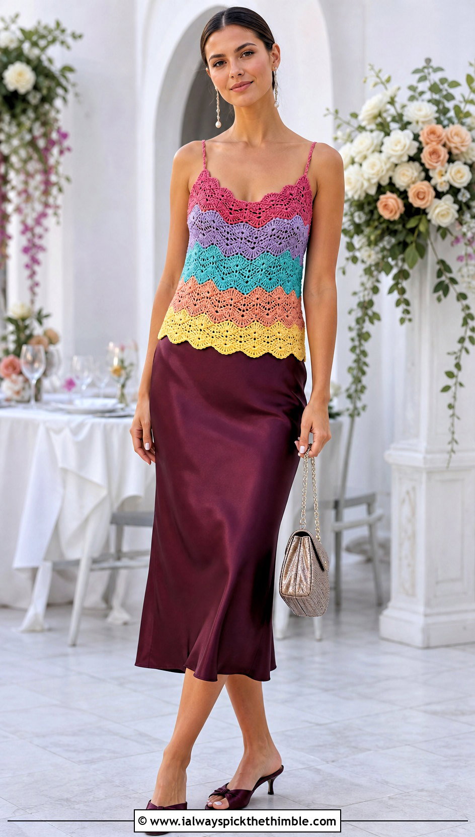 Rainbow Scallop Crochet Camisole With Satin Midi Skirt - 15 rainbow crochet summer top outfit ideas