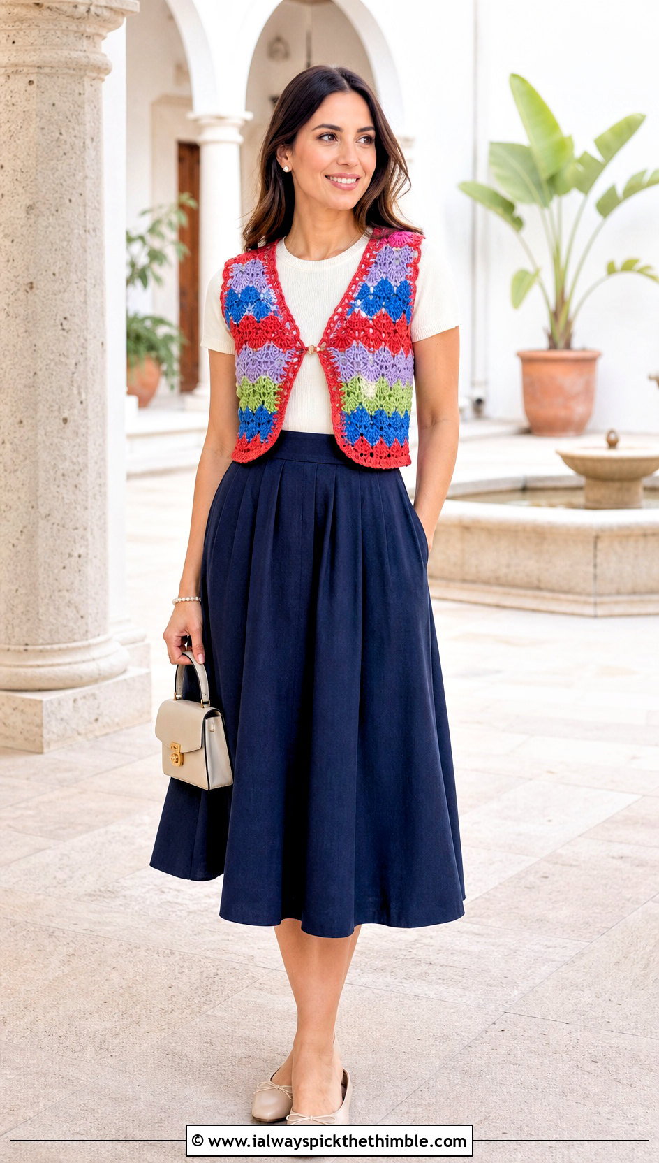 Rainbow Scalloped Crochet Vest With A Line Midi Skirt - 15 vintage rainbow crochet vest outfit ideas